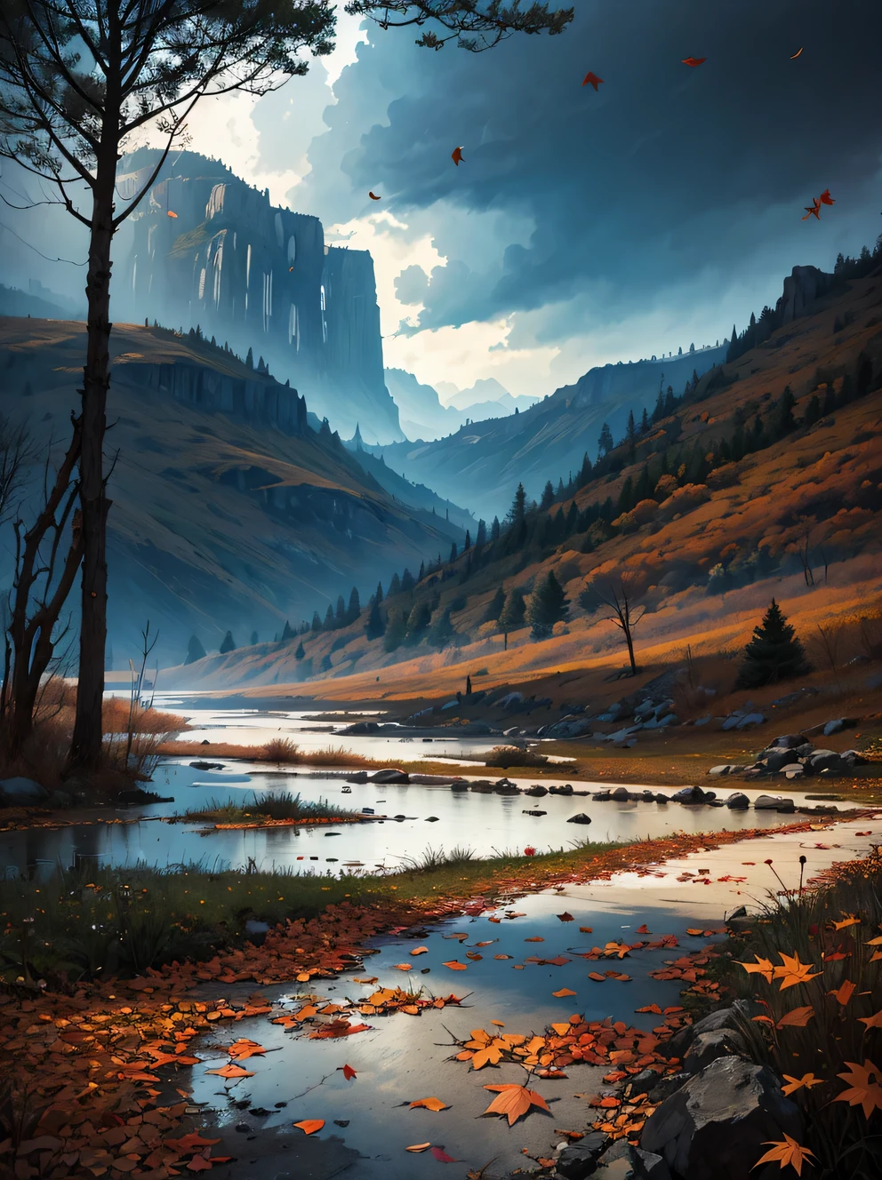 lonely wasteland,Dead leaves dance like a tornado,An epic picture of desolation and beauty