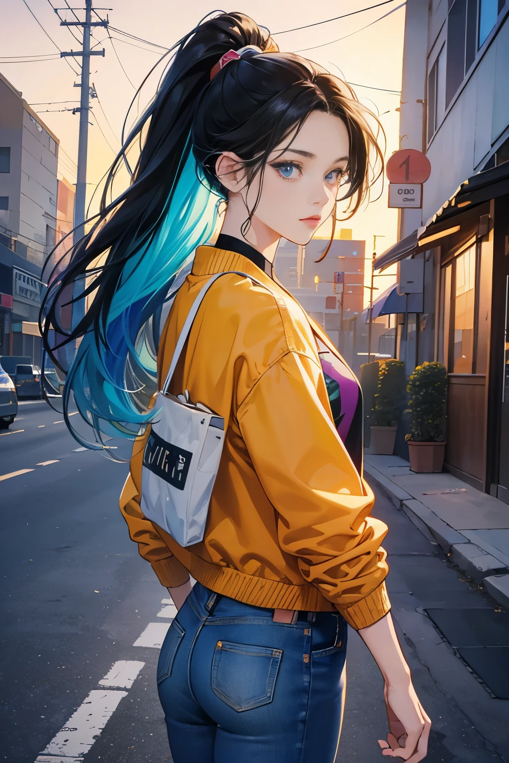 very colorful, pop feel, orange and indigo tones, summer image, Palm tree, seaside, anime woman with ponytail, Around 25 years old, wearing a jacket, blue jeans, perfect tall model body, cool beauty, That will happen, Anime drawing by Yang J, Trending at Art Station, realism, extremely detailed germ of art, Realistic anime 3D style, anime style 4 k, up to the model | germ of art, anime style. 8k, casual clothes, realistic anime art style, style germ of art, sharp outline, highest quality, perfect angle, perfect composition, best shot, official art,CD jacket, 80s city pop, very stylish