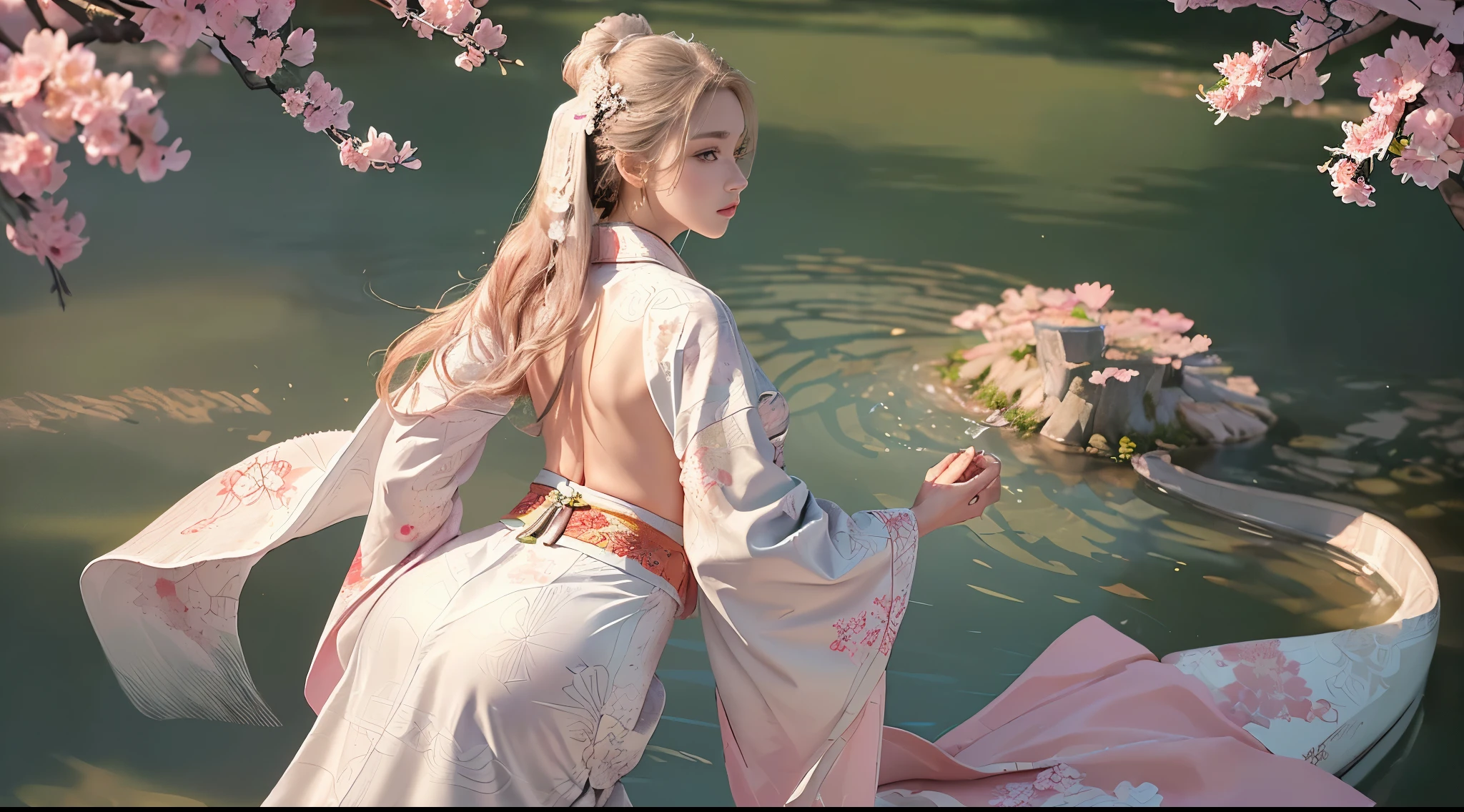 (Beautiful model in Chinese kimono commercial, beautiful long straight white hair), alone, ((The face  80% beauty and elegance, 20% pretty and pretty:1.5)), (She  a half-Eastern European model and half Asian), light green eyes, (detailed eyes, light green eyes, bright pupils), double eyelids, (sexy lips a little thick:1.2), ((super detailed & high resolution thin underwear Chinese kimono:1.2)) , highly detailed facial texture, Stunning body shape, Curvy and very attractive woman, high resolution color photo photo pro, Ultra high resolution textures break, High resolution body rendering, big eyes, Unparalleled masterpiece, amazing high resolution, super detailed, stunning ceramic leather, break ((Returned to show the pattern of the kimono pieces:1.5)), ((This Chinese kimono  made of fine white fabric:1.2)), (This Chinese kimono  so thin that its beautiful skin color shows through), (Finely crafted classic Chinese kimono), ((The pattern  light pink with a flowing water pattern):1.2), ((A very fine kimono thaaborately and elegantly made)), (Taken in a style room with tatami mats in the morning)) break ((best quality, 8k)), sharp focus:1.2, (Layer Cut, big guy:1.2), (Beautiful Woman with Perfect Figure:1.4), (Beautiful back view and elegant:1.3), slim waist, (Correct hand shape:1.5), (full body shot | cowboy shot)