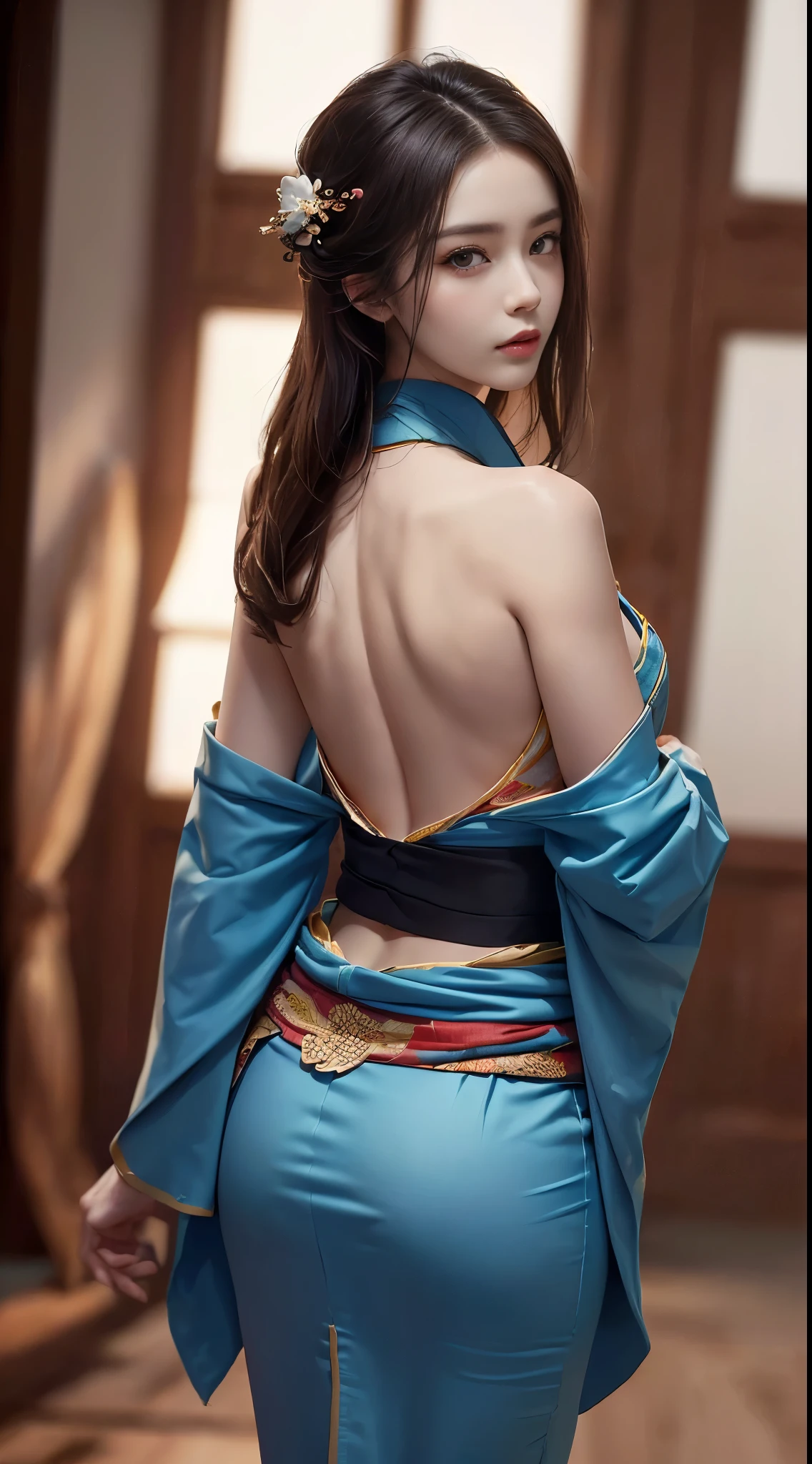 (Beautiful model in Chinese kimono commercial, beautiful long straight white hair), alone, ((The face  80% beauty and elegance, 20% pretty and pretty:1.5)), (She  a half-Eastern European model and half Asian), light green eyes, (detailed eyes, light green eyes, bright pupils), double eyelids, (sexy lips a little thick:1.2), ((super detailed & high resolution thin underwear Chinese kimono:1.2)) , highly detailed facial texture, Stunning body shape, Curvy and very attractive woman, high resolution color photo photo pro, Ultra high resolution textures break, High resolution body rendering, big eyes, Unparalleled masterpiece, amazing high resolution, super detailed, stunning ceramic leather, break ((Returned to show the pattern of the kimono pieces:1.5)), ((This Chinese kimono  made of fine white fabric:1.2)), (This Chinese kimono  so thin that its beautiful skin color shows through), (Finely crafted classic Chinese kimono), ((The pattern  light pink with a flowing water pattern):1.2), ((A very fine kimono thaaborately and elegantly made)), (Taken in a style room with tatami mats in the morning)) break ((best quality, 8k)), sharp focus:1.2, (Layer Cut, big guy:1.2), (Beautiful Woman with Perfect Figure:1.4), (Beautiful back view and elegant:1.3), slim waist, (Correct hand shape:1.5), (full body shot | cowboy shot)