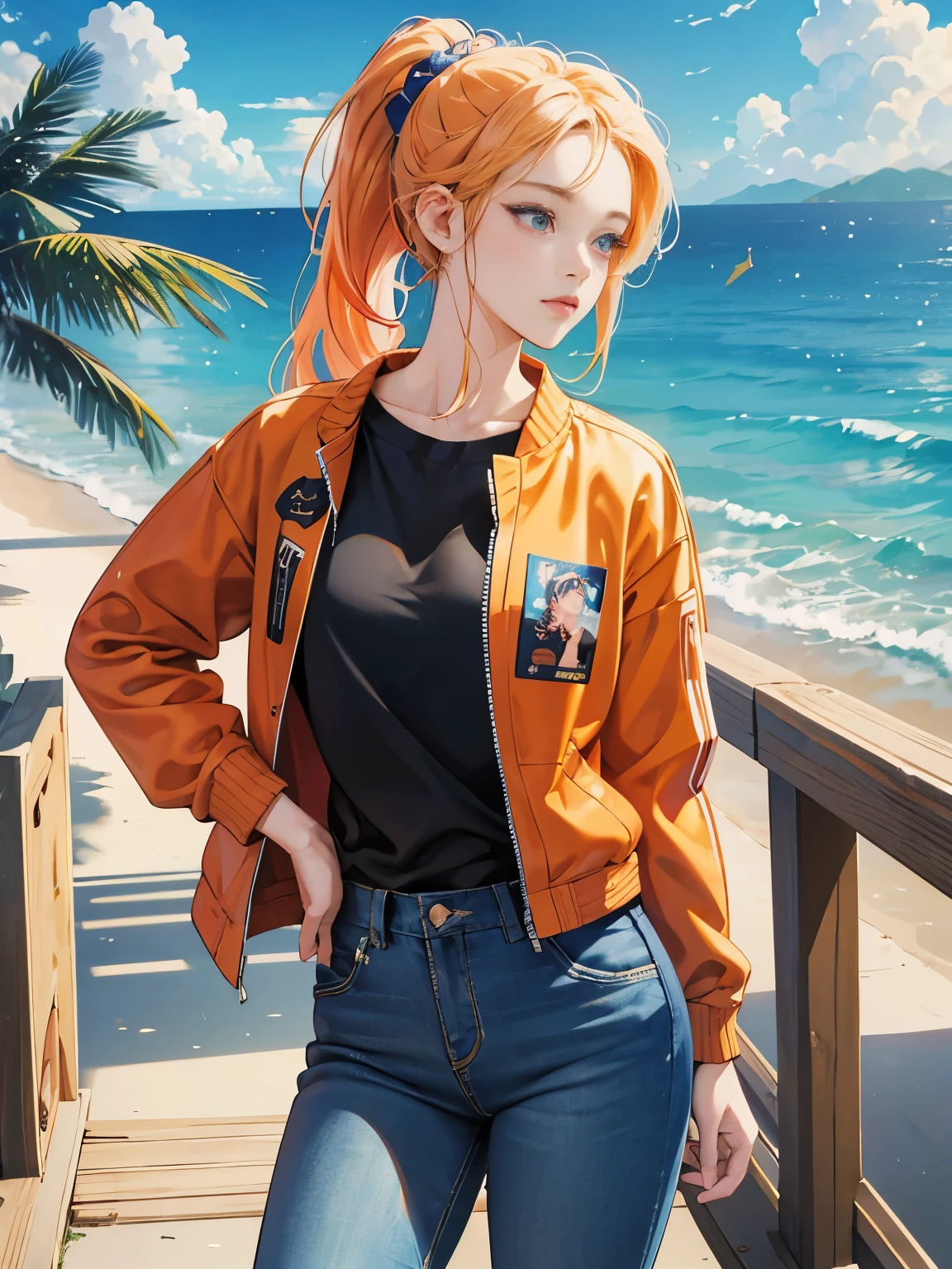 very colorful, pop feel, orange and indigo tones, summer image, Palm tree, seaside, anime woman with ponytail, Around 25 years old, wearing a jacket, blue jeans, perfect tall model body, cool beauty, That will happen, Anime drawing by Yang J, Trending at Art Station, realism, extremely detailed germ of art, Realistic anime 3D style, anime style 4 k, up to the model | germ of art, anime style. 8k, casual clothes, realistic anime art style, style germ of art, sharp outline, highest quality, perfect angle, perfect composition, best shot, official art,CD jacket, 80s city pop, very stylish