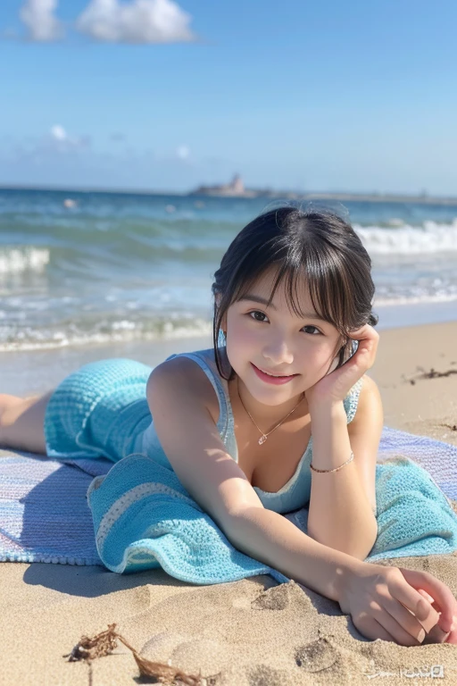 masutepiece, Best Quality, Illustration, Ultra-detailed, finely detail, hight resolution, 8K Wallpaper, Composition including perfect whole body, Beautiful detailed eyes, ((Lying on the beach:1.2)),((fullnude:1.1))、 Random and cute hairstyles, Medium chest, Natural Color Lip,Beach, Random and cute poses,((A big smile that makes you squint)),((breastsout、under look eyes、Mole on the arm:0.9))、((short-cut))、((Lying along the coast))、((Camera work from behind))、((Dip your feet in the sea)),((Traces of blood vessels in the chest)),(((Lift your hair with both hands:1)))