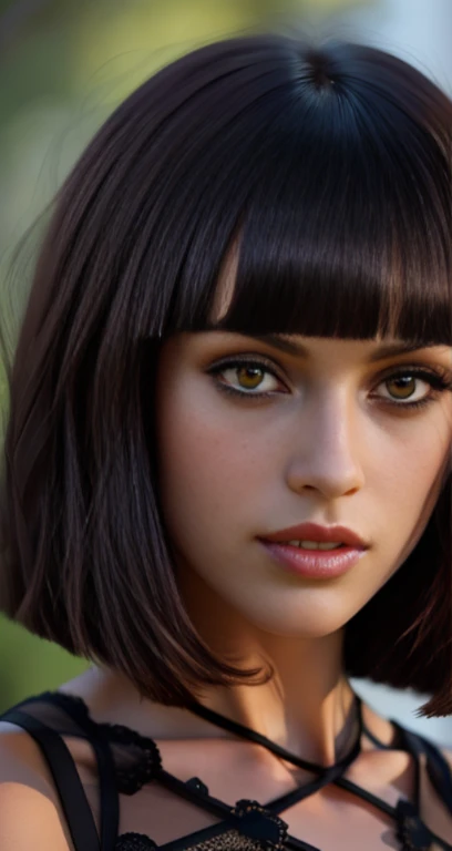 woman, solo, (((dark skin))), light black hair, dark yellow eyes, detailed face, ([Julianne Hough|Megan Fox|Christina Hendricks]:0.8), (swollen lips:0.9), masterpiece, professional, high quality, beautiful, amazing, gothic, Getty Images, miko, giant, photo shoot, 4k, realistic, detailed background, abominable, real life, by Walter Beach Humphrey, by Pierre Bonnard, (short bangs hair:1.36),