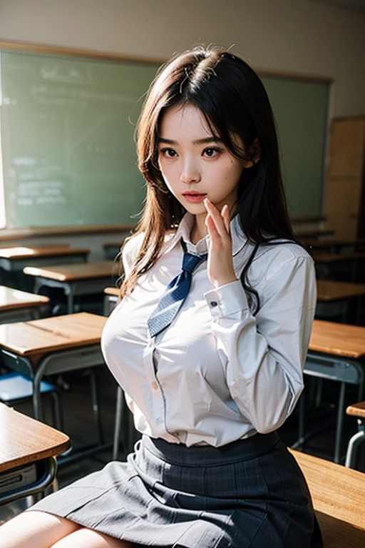 long sleeve, classroom, school uniform, blue stripe tie, dark grey skirt, school tie, (cute pose), (invisible, no humans, headless, faceless:1.5), (cute big breasts), (close-up shot of breasts), photon mapping, radiosity, physically-based rendering