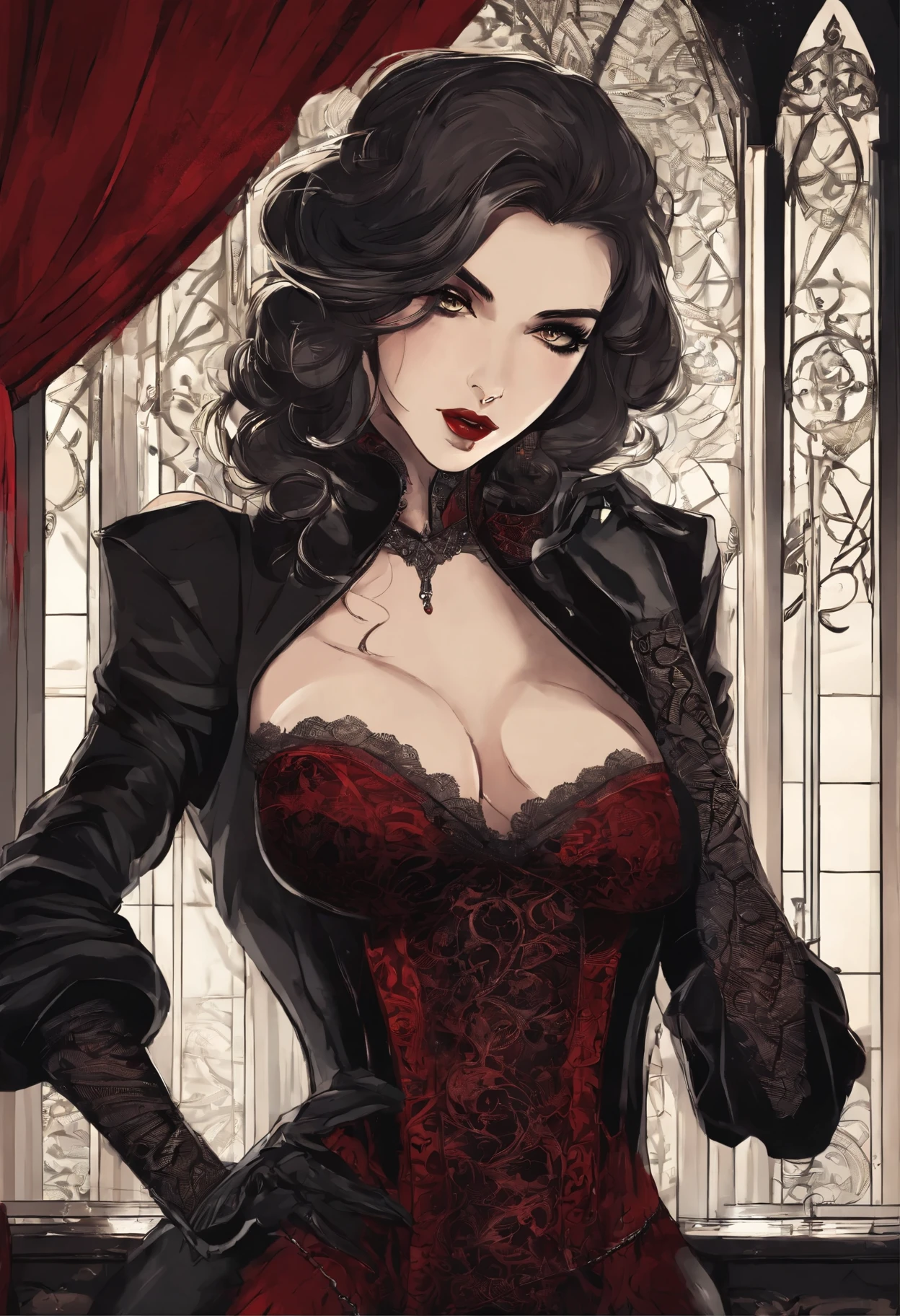 (masterpiece, top quality, best quality, official art, beautiful and aesthetic:1.2), (1girl:1.3), long and curly dark brown hair, ((extravagant updo)), Victorian style, extremely detailed, portrait, looking at viewer, solo, (full body:0.6), detailed background, close up, mischievous eyes, (cold midnight castle theme:1.1), extremely busty vampire, long fangs, blood on chin, huge lips, charlatan, smirk, mysterious, being seductive on a balcony, revealing gothic dress, lace, extremely tight bodice, black attire, red skirts, off shoulder, long sleeves, loose sleeves, black leather, cloak, corset, black dress, fishnets, thigh high black boots, buckles, straps, pouches, glowing blood magic energy, dark red fabric, silver trim, black leather, gigantic breasts, cleavage, skindentation, slim waist, slim hips, long legs, medieval (gothic castle exterior:1.1) background, nighttime, dark mysterious lighting, shadows, magical atmosphere, dutch angle