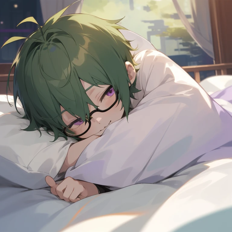 Shota boy,green hair,short hair,wearing a black circle glasses,two green antenna,purple eyes,cute,white skin,cover blanket and lying on the bed,innocent,smiling,sleeping,night in shanghai,head pat