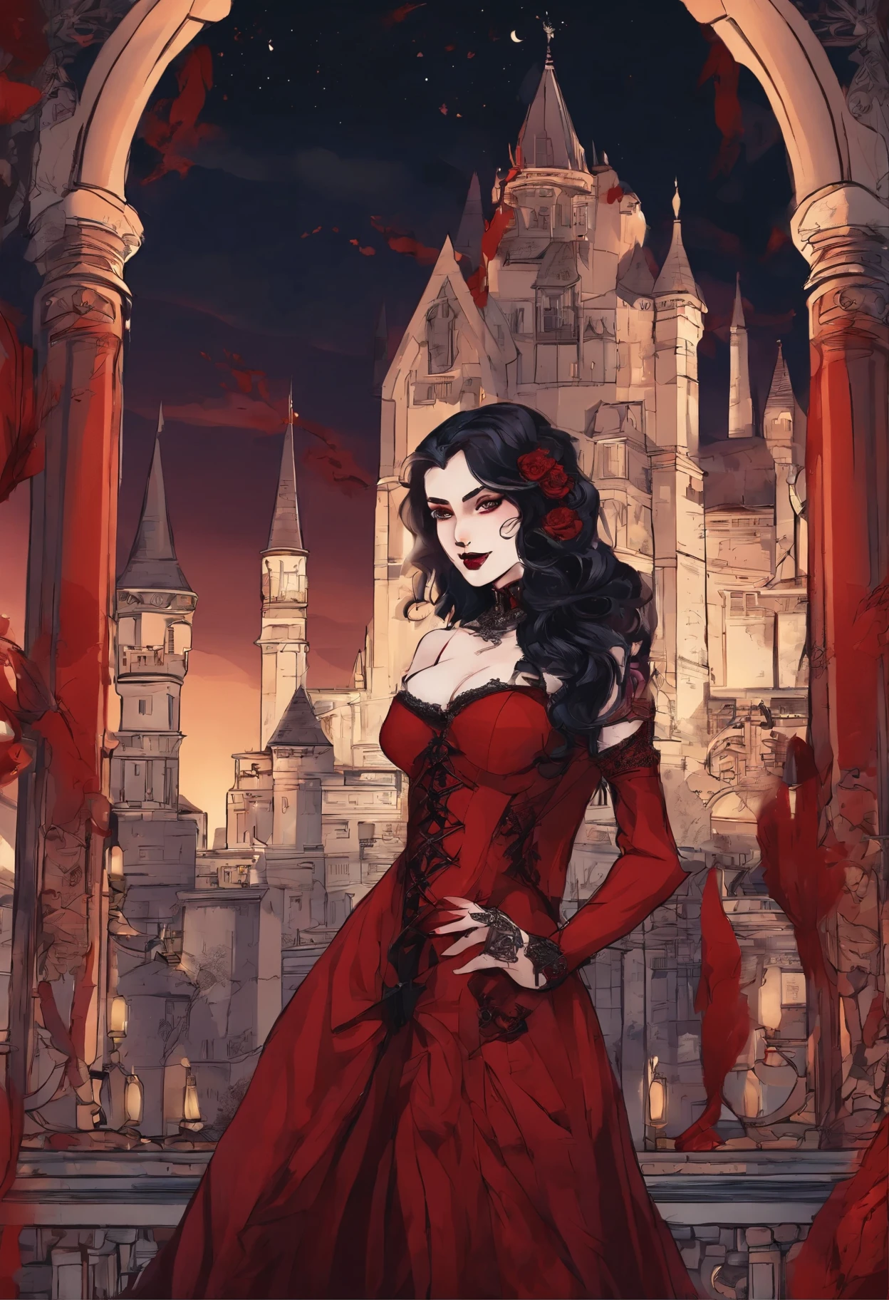 (masterpiece, top quality, best quality, official art, beautiful and aesthetic:1.2), (1girl:1.3), long and curly dark brown hair, ((extravagant updo)), Victorian style, extremely detailed, portrait, looking at viewer, solo, (full body:0.6), detailed background, close up, mischievous eyes, (cold midnight castle theme:1.1), extremely busty vampire, long fangs, blood on chin, huge lips, charlatan, smirk, mysterious, being seductive on a balcony, revealing gothic dress, lace, extremely tight bodice, black attire, red skirts, off shoulder, long sleeves, loose sleeves, black leather, cloak, corset, black dress, fishnets, thigh high black boots, buckles, straps, pouches, glowing blood magic energy, dark red fabric, silver trim, black leather, gigantic breasts, cleavage, skindentation, slim waist, slim hips, long legs, medieval (gothic castle exterior:1.1) background, nighttime, dark mysterious lighting, shadows, magical atmosphere, dutch angle