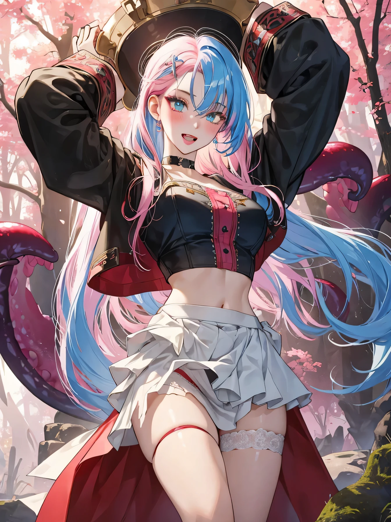 masterpiece,highest quality,super detailed,High resolution,octane rendering,water valkyrie,(Two-tone hair with pink and light blue tips),shining hair,she has long eyelashes、That makes her attractive look even more,(1 girl),white side tie panties,gold accents,A cute dress with lots of frills and embroidery, holding skirt hem with both hands, from below,torn clothes,red stockings,garter belt,seductive young woman,female focus,pointed chest,whole body,(perfect body),Are standing,midriff peak,Black choker with chain and midi ring,big bright green eyes,shining eyes,(beautiful fine eyes),highly detailed face and hair, fine eyes,pale eyes,shining eyes,well-defined nose,little finger skin,glowing smooth skin,cute,nice,white skin,faint lips,A seductive and confident smile,open your mouth.face turns red,Overall high image quality, For 4k or 8k resolution. 芸術のmasterpieceです, holding hair ornament,brightly colored lips. she has long eyelashes、That makes her attractive look even more. The girl's hair is styled in a sleek and sophisticated style.,create a visually stunning effect.enhance overall attractiveness,holding_arms,dagger,shy,face turns red,fantasy,Sweat,vapor,(in the Woods with tentacle),tentacle,dynamic angle,Are standing with arms up,tentacle穴,An excited look towards the camera,