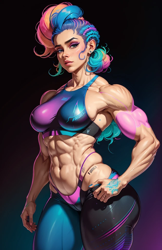 foto de corpo todo, estilo synthwave uma mulher elfa por agnes cecile, BODYBUILDER, design luminoso, cores pastel, gotejamentos de tinta, luzes de outono, orelhas perfeitas, olhos azuis