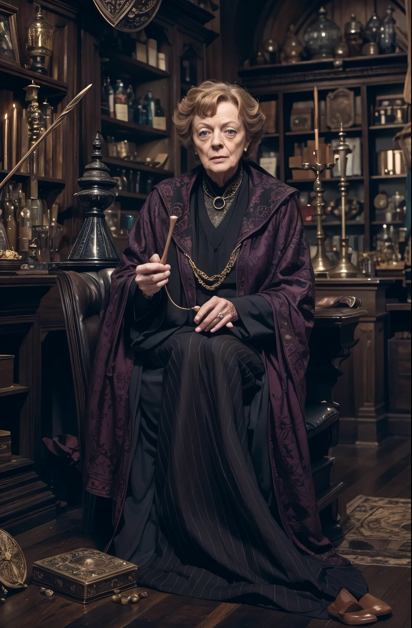front Photo，Witches in magical movies，serious的表情，Maggie Smith, 62（Maggie Smith）Starring Minerva McGonagall（Minerva McGonagall）professor，Sitting in a magic shop，Holding a wand in his hand，seriouust