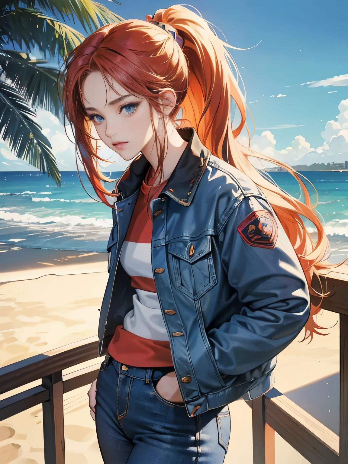 very colorful, pop feel, U.S. West Coast,  summer image, Palm tree, seaside, anime woman with orange ponytail, Around 25 years old, wearing a jacket, blue jeans, perfect tall model body, cool beauty, That will happen, Anime drawing by Yang J, Trending at Art Station, realism, extremely detailed germ of art, Realistic anime 3D style, anime style 4 k, up to the model | germ of art, anime style. 8k, casual clothes, realistic anime art style, style germ of art, sharp outline, highest quality, perfect angle, perfect composition, best shot, official art，CD jacket, 80s city pop, very stylish