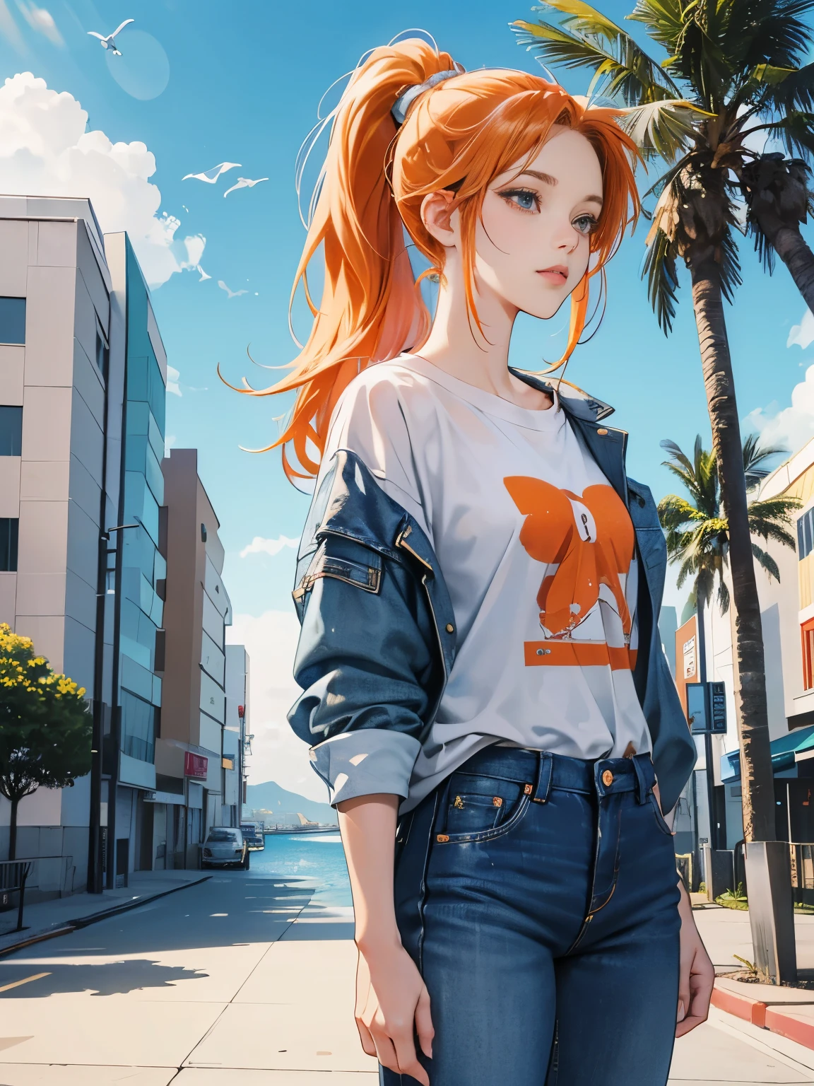 very colorful, pop feel, U.S. West Coast, summer image, Palm tree, seaside, anime woman with orange ponytail, Around 25 years old, wearing a jacket, blue jeans, perfect tall model body, cool beauty, That will happen, Anime drawing by Yang J, Trending at Art Station, realism, extremely detailed germ of art, Realistic anime 3D style, anime style 4 k, up to the model | germ of art, anime style. 8k, casual clothes, realistic anime art style, style germ of art, sharp outline, highest quality, perfect angle, perfect composition, best shot, official art,CD jacket, 80s city pop, very stylish