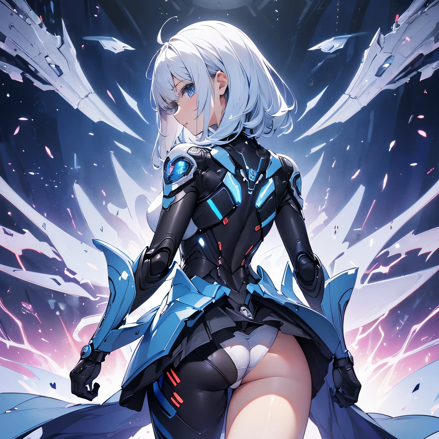 (All fours:1.5, cybernetic background, cybernetic rubber suits, white blue real robot armor, miniskirt, blue lace panties, from behind, back shot, cute, kawaii), (middle breasts, middle hips, slender), (perfect anatomy, symmetry, best proportion, detailed face, detailed eyes, detailed hair, detailed perfect hands), (masterpiece, high quality, ultra detailed), (delicate, vivid), (professional lighting, absolutely resolution, texture, incredibly absurdres, ultra HD, 8k), (official art, beautiful and aesthetic:1.2, close view:1.2),