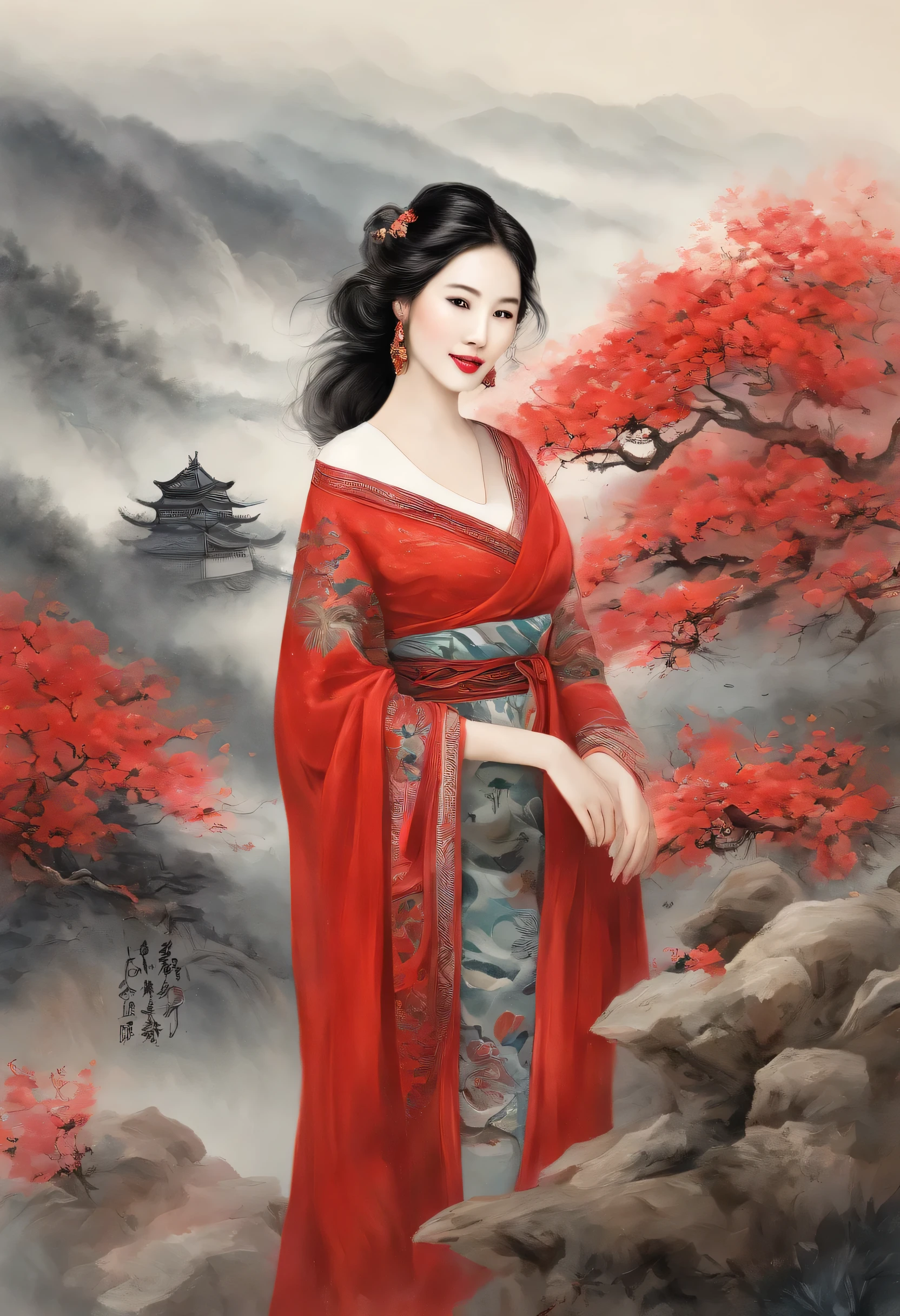 "Traditional Chinese ink landscape painting, ink painting, intellectual beauty, ink painting intellectual beauty 1 girl, solo, dress, flowers, white dress, long hair, fluffy sleeves, red flowers, short sleeves, rose, outdoor, sky, brown hair, nature , fluffy short sleeves, red lips, plant, lips, brunette, curly hair, trees, standing, bush, open lips, red rose, (smoke), light, (night). Detailed depiction of rolling waves on texture The mountains and lush trees. Influenced by ancient Asian and Japanese designs. High-resolution 4k paintings showcase superb artistry and beauty."
