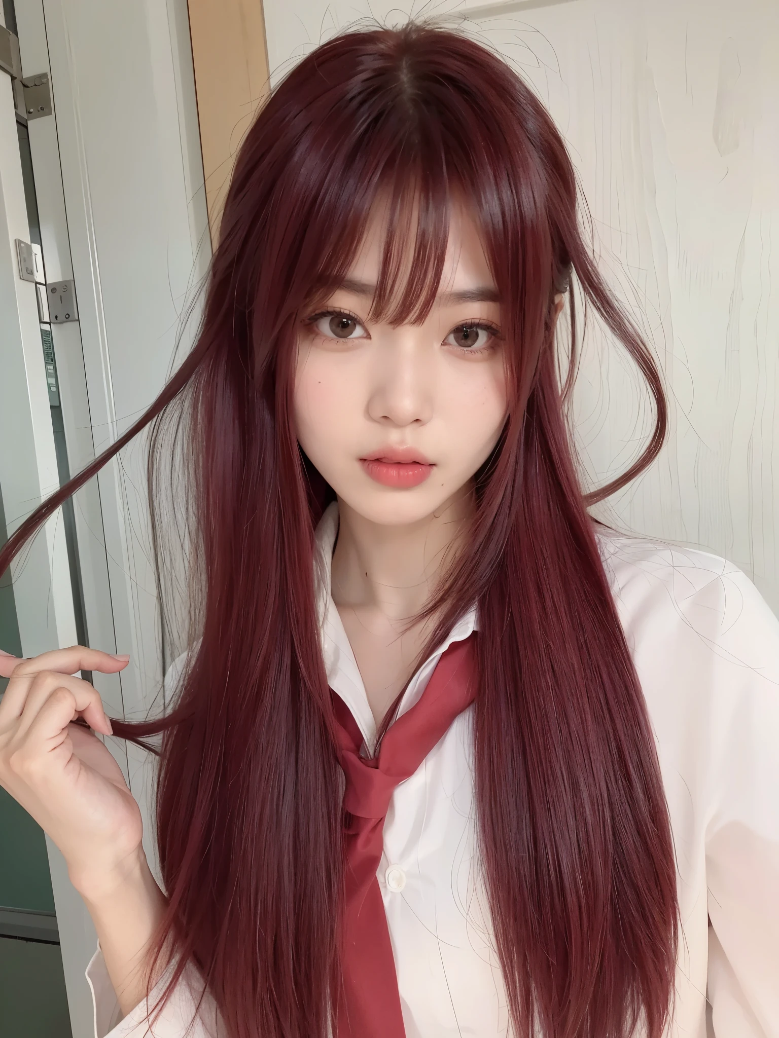 there  a woman 红long hair wearing a tie, Urzan, 动漫girl , 动漫girl in real life, 红long hair, red wig, long hair, 棕红色long hair, with red hair, long hair and piercing eyes, Red hair, raspberry red hair, sakimicchan, 齐刘海long hair，Long straight hair，girl，