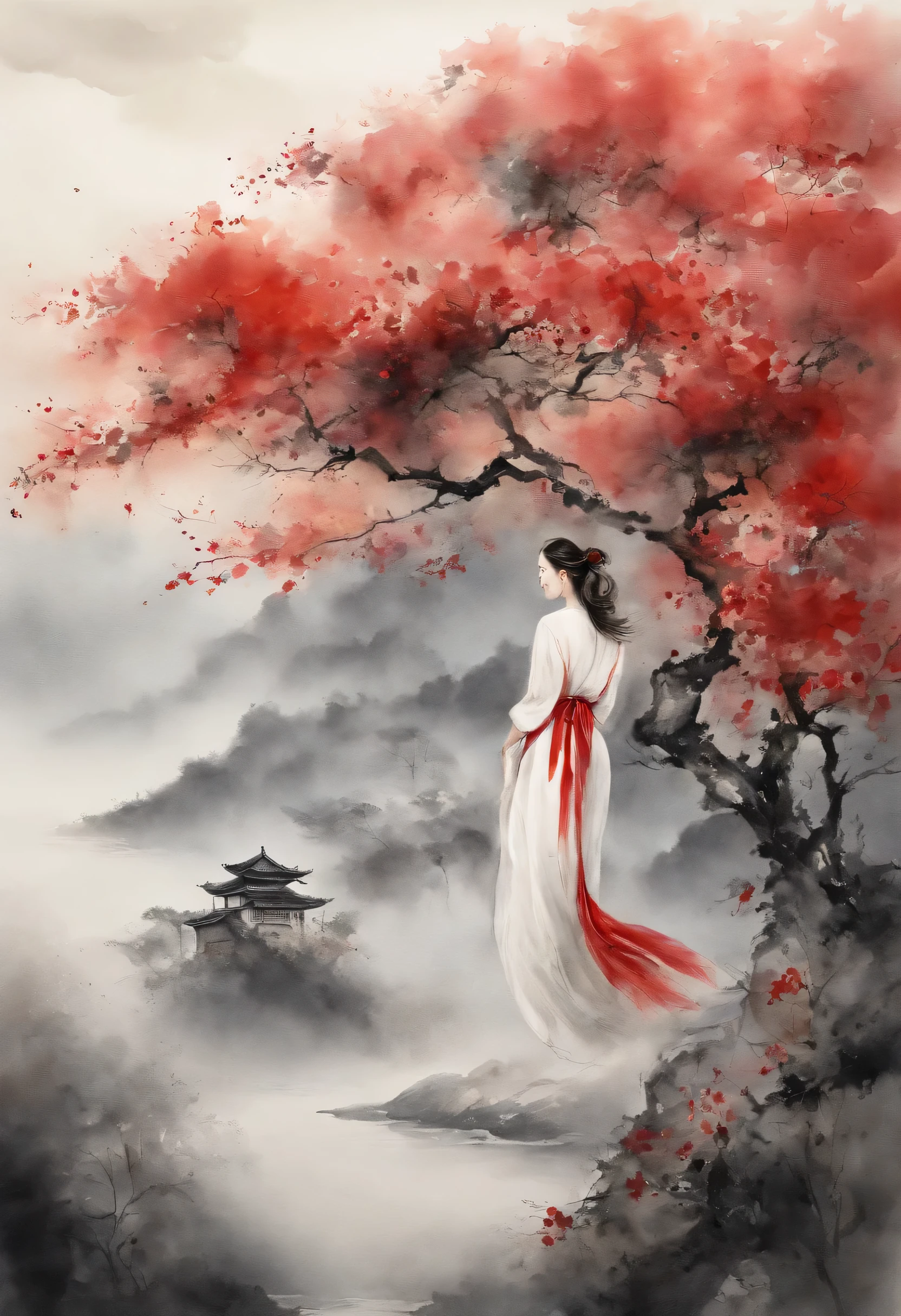 "Traditional Chinese ink landscape painting, ink painting, intellectual beauty, ink painting intellectual beauty 1 girl, solo, dress, flowers, white dress, long hair, fluffy sleeves, red flowers, short sleeves, rose, outdoor, sky, brown hair, nature , fluffy short sleeves, red lips, plant, lips, brunette, curly hair, trees, standing, bush, open lips, red rose, (smoke), light, (night). Detailed depiction of rolling waves on texture The mountains and lush trees. Influenced by ancient Asian and Japanese designs. High-resolution 4k paintings showcase superb artistry and beauty."