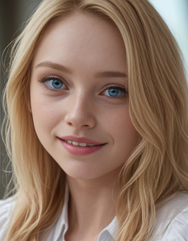 (highres,realistic:1.2),portrait,beautiful girl,blond hair,blue eyes,staring at the camera,detailed face details,subtle smile,pale skin,light makeup,HDR lighting