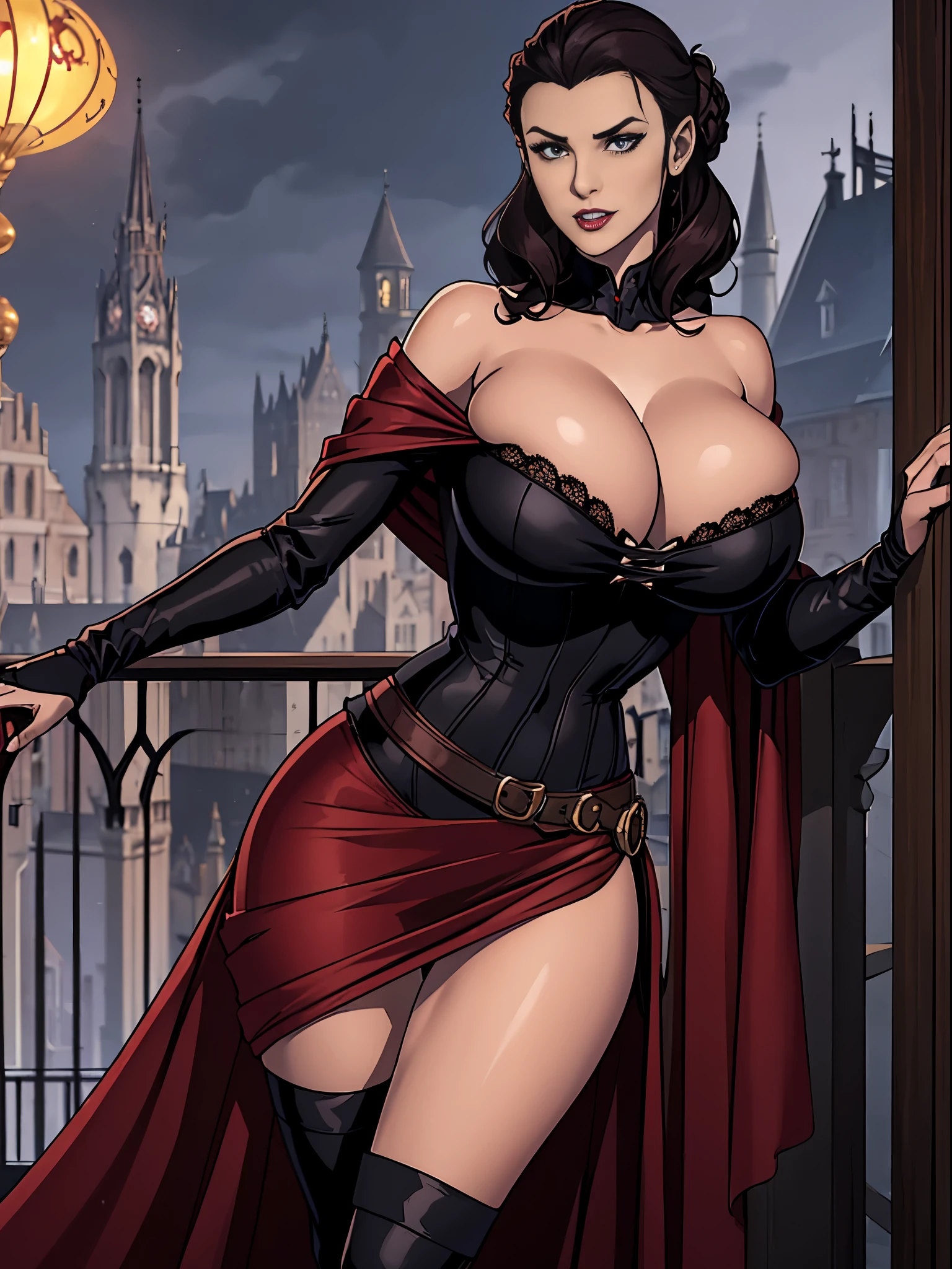 (masterpiece, top quality, best quality, official art, beautiful and aesthetic:1.2), (1girl:1.3), long and curly dark brown hair, ((extravagant updo)), Victorian style, extremely detailed, portrait, looking at viewer, solo, (full body:0.6), detailed background, close up, mischievous eyes, (cold midnight castle theme:1.1), extremely busty vampire, long fangs, blood on chin, huge lips, charlatan, smirk, mysterious, being  on a balcony, revealing gothic dress, lace, extremely tight bodice, black attire, red skirts, off shoulder, long sleeves, loose sleeves, black leather, cloak, corset, black dress, fishnets, thigh high black boots, buckles, straps, pouches, glowing blood magic energy, dark red fabric, silver trim, black leather, , cleavage, , slim waist, slim , long legs, medieval (gothic castle exterior:1.1) background, nighttime, dark mysterious lighting, shadows, magical atmosphere, dutch angle