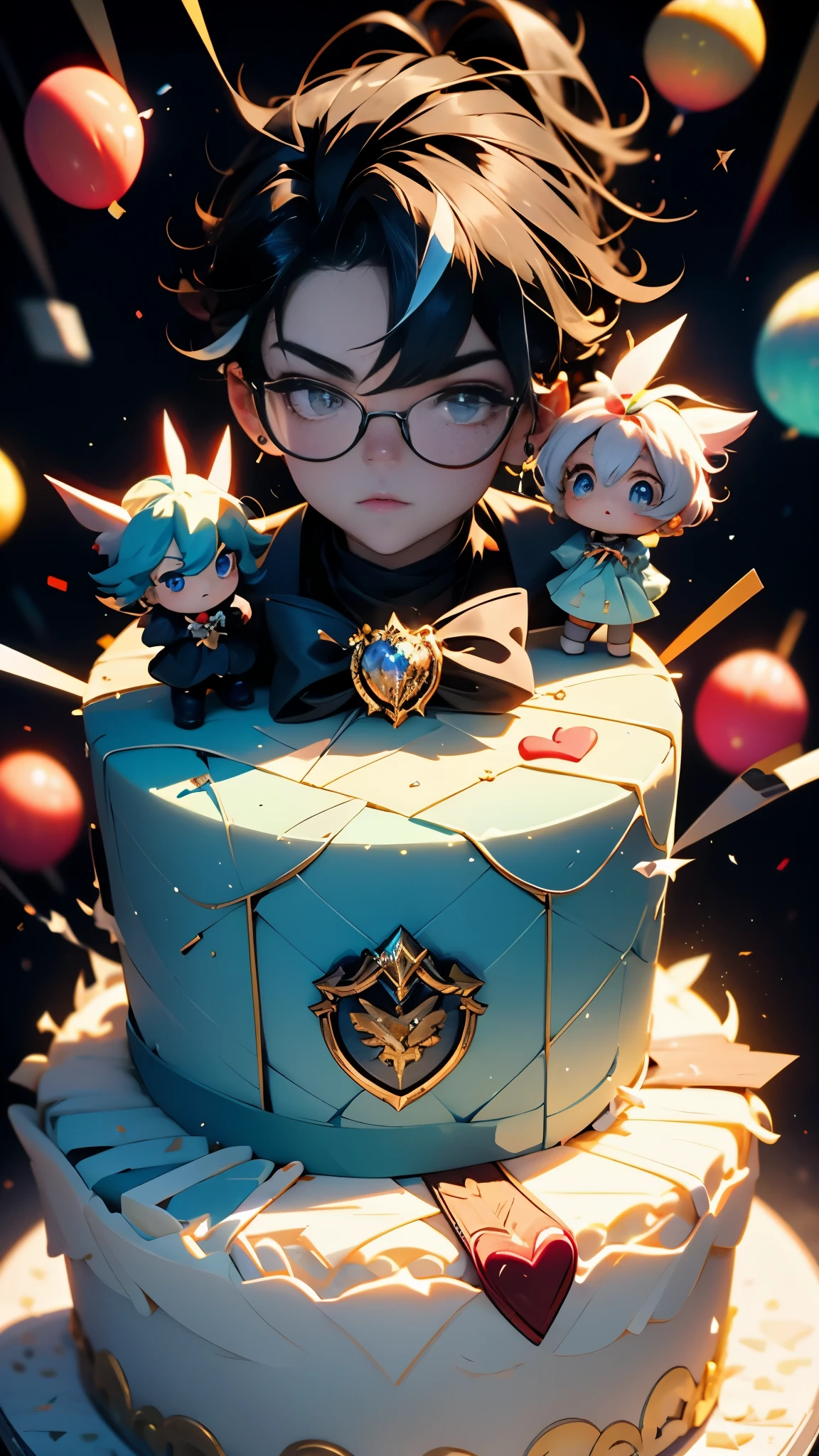 boys，wearing glasseirthday Cake，There are cute dolls on the cake