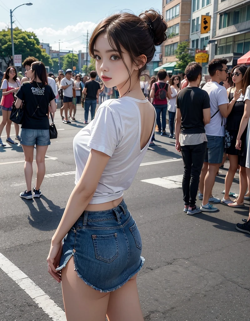 Beautiful woman standing on the street、((Taiping short T-shirt))、very huge:1.8、shape that can be clearly seen、belly visible、tight mini skirt、long legs、Show your back to the audience、Beautiful silhouette looking back