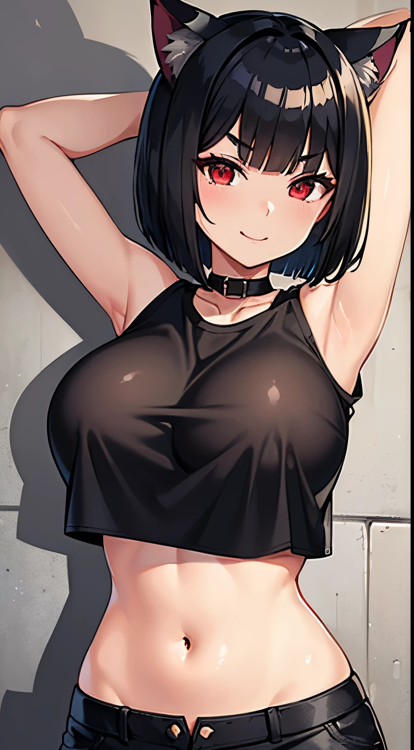 Woman with black hair bob cut, amazing big tits and cat ears, smile, red eyes and eyebrows, shiny skin, Sunny coast, cropped shirt and hot pants, Navel exposed, shorts with visible laces, A big perspective