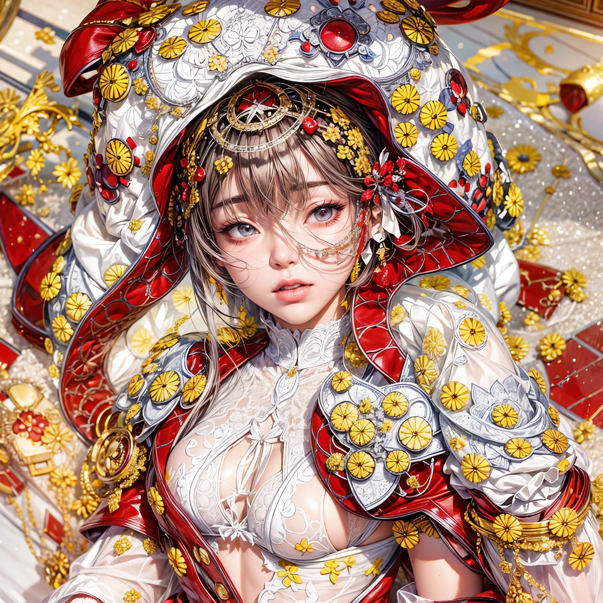 Sexy girl in ((WHITE)) and Delicate lace underwear, with Glossy RED lips, (Exposed:1.2), (nipple:-0.9), { closeup of Cute lips | Dynamic-angle }, ((Dazzling stained glass Background)), (( colorful Light shines through stunning elaborate stained glass:1.2)), vivid Red colors . ((Acutance:0.8, physically-based rendering)), (masterpiece:1.2), (ultra-detailed:1.35), (realistic, photorealistic, ((photo-realistic:1.37))with touch of rawness) . ((Renbutsu Misako)), (Extremely detailed KAWAII face variations, with Dynamic expressions), detailed eyes with sparkling highlights, captivating gaze, long eyelashes, subtle blush on the face, rosy cheeks, impeccable oiled ivory skin texture . { full of flowers covering girl's body | Mystic sight | haze | Light Particle | Lens Particle | Lens Flare | Dazzling angle's Halo | (Red leather) high collar | Overflowing sideboob } . ((( not Detailed fingers:-0.9))) .