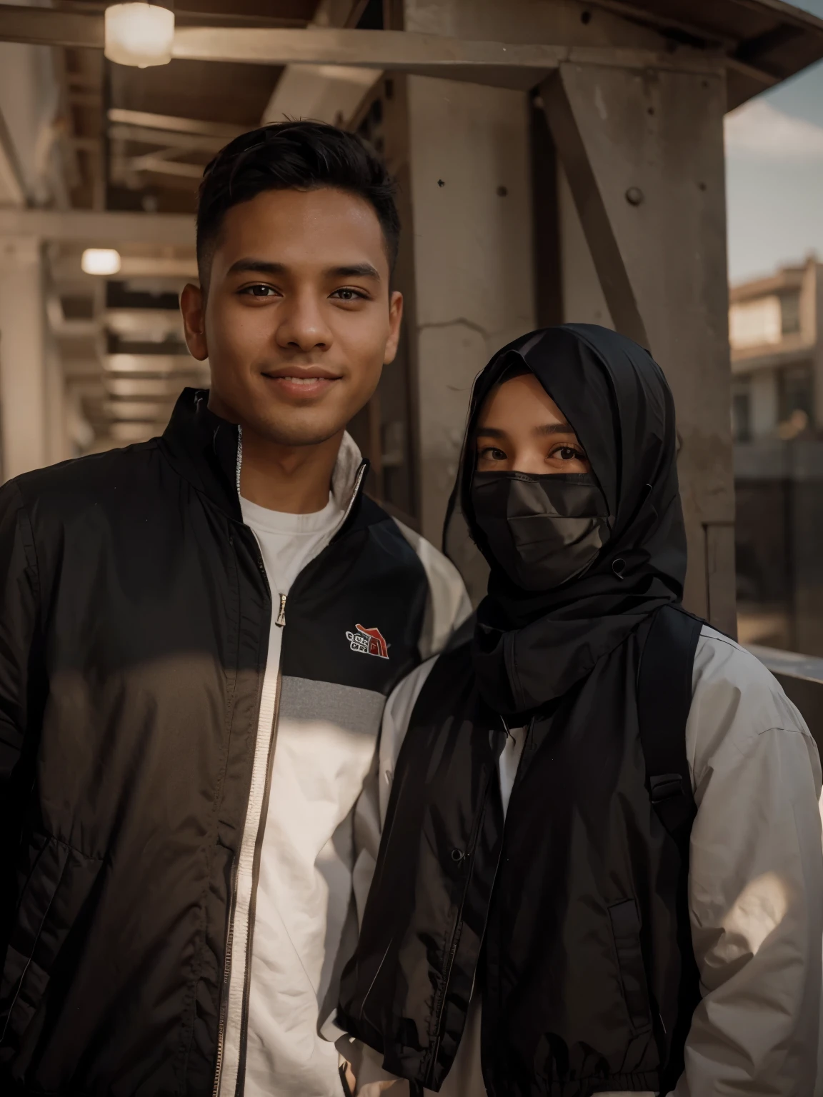 A cute and a cute girl is standing. The boy is wearing a jacket and he has a little smile in his face.The girl is wearing a mask and a black colour hijab and eyes is very beautiful,realistic face,HD,8k