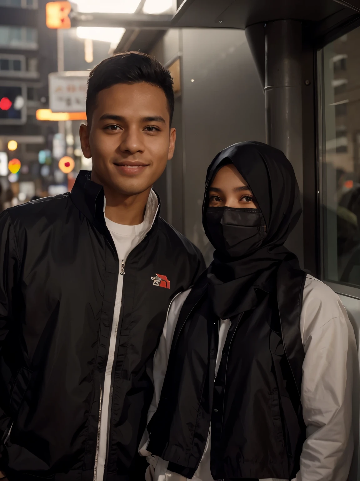 A cute and a cute girl is standing. The boy is wearing a jacket and he has a little smile in his face.The girl is wearing a mask and a black colour hijab and eyes is very beautiful,realistic face,HD,8k