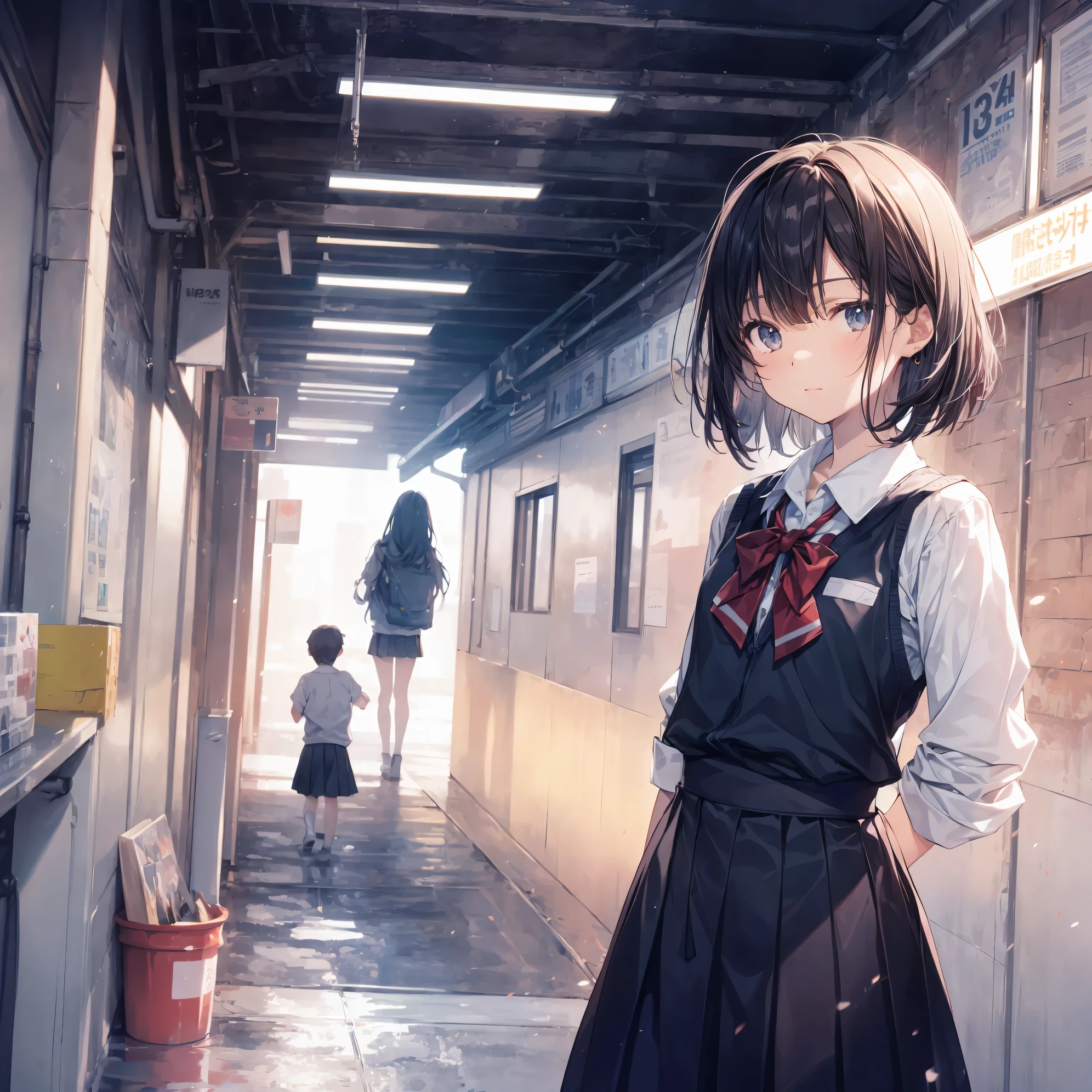 ultra-Top-quality by art God, ultra-detailed, high resolution, shinkai makoto style, anime moe artstyle, best anime 8k konachan wallpaper, pixiv contest winner, perfect anatomy, break,(Please draw a girl walking sleepily to school alone. ),break, a hyperrealistic schoolgirl, (Solo,Loli,child,13-year-old:1.3),Full limbs, complete fingers,a junior high school student, androgynous charm, (Very very Short hair), messy hair, flat soft chest, Small butt, groin, Small eyes,beautiful detailed black eyes, well-proportioned iris and pupils, disgusted eyes, highres detailed hair, school Uniform, skirt, in the School commute route. break,super detailed skin, Best lighting powered by famous artist, 8k, illustration,
