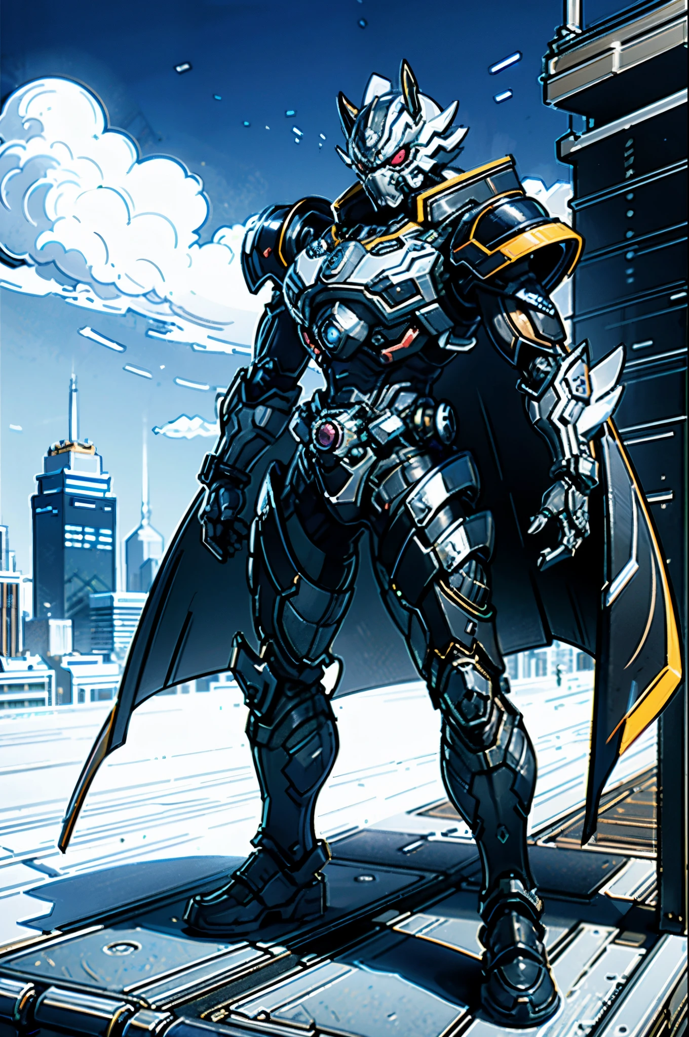 A super a high-tech biotech battle suit, standing on a rooftop, looking over the city, Japanese tokusatsu and American comic style, biometallic texture of the suit, sleek and shiny, dynamic, fast, natural light, cinematic, high quality, high resolution, high detail, sophisticated design, dramatic, high definition, ultra-detailed, ultra-fine painting, extremely delicate, creativity, Natural light, cinematic lighting, best shadow, masterpiece-anatomy-perfect