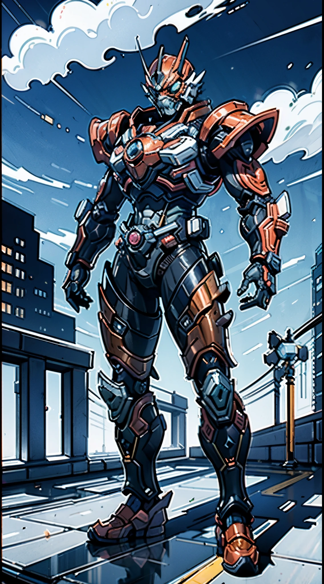 A super a high-tech biotech battle suit, standing on a rooftop, looking over the city, Japanese tokusatsu and American comic style, biometallic texture of the suit, sleek and shiny, dynamic, fast, natural light, cinematic, high quality, high resolution, high detail, sophisticated design, dramatic, high definition, ultra-detailed, ultra-fine painting, extremely delicate, creativity, Natural light, cinematic lighting, best shadow, masterpiece-anatomy-perfect