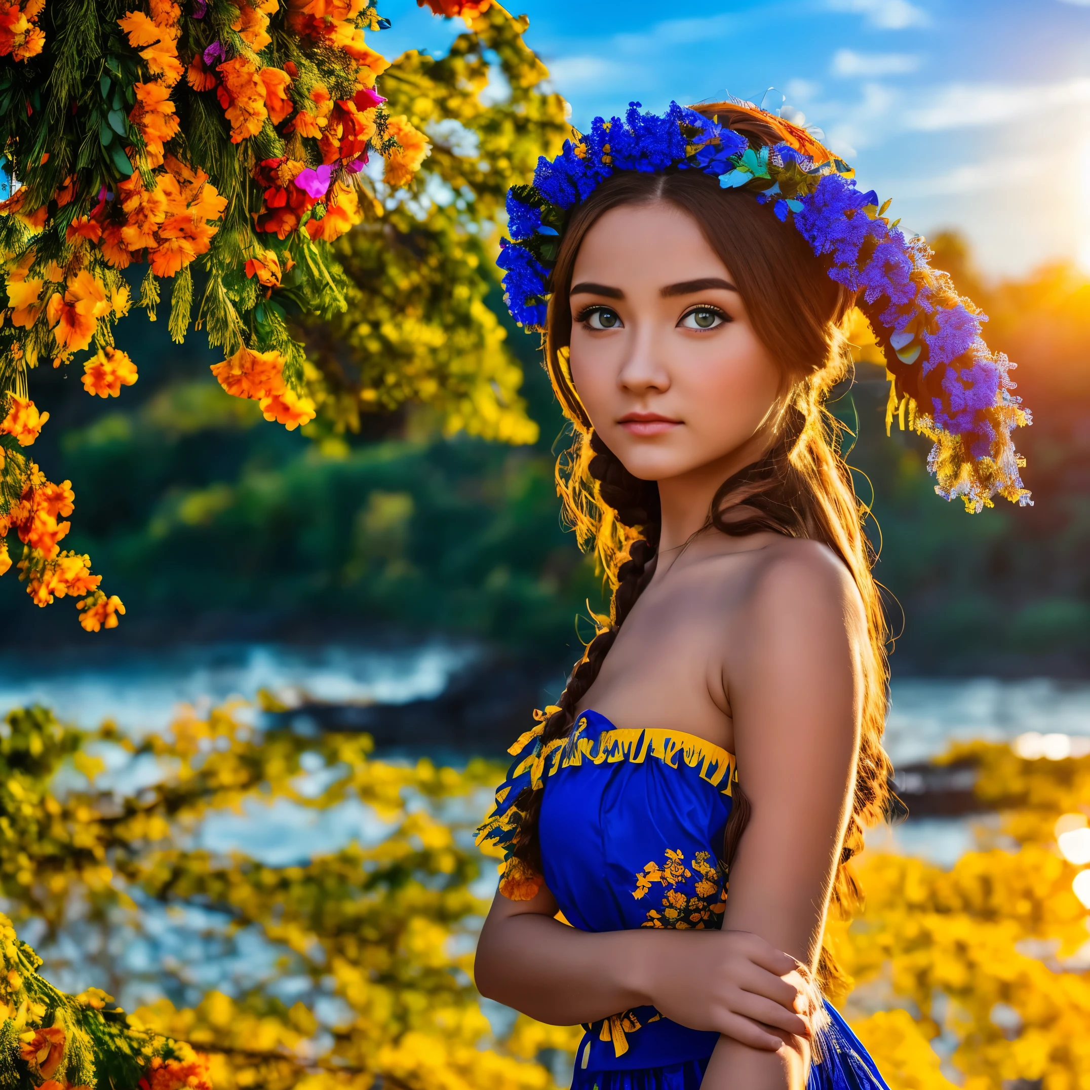 20-year-old woman in Ukrainian costume、Corolla wreath blue eyes with a wreath on the head、Blue eyes on background、river、Blue sky、Realistic illustration of bright sunset in the afternoon