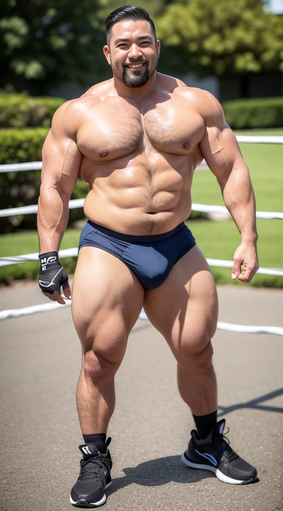 the only person，male，muscle wrestler，Muscle hair reaches，stout wrestler，Japan，uncles，45岁middle aged男子，Short hair details，Short hair details细节，wrestling boots，sneakers body image，Panoramic figures，WWE ring，WWE professional wrestling，spotlight，cell shadow，Vision，White，White简短，40 years old，middle aged，tattoo fingerless gloves，wheat colored skin，oily skin，dark skin，Show off your chest muscles，sumo wrestler，bodybuilder，wide temples，Visible abdominal muscles，Smile，chocolate skin color，outdoor background，