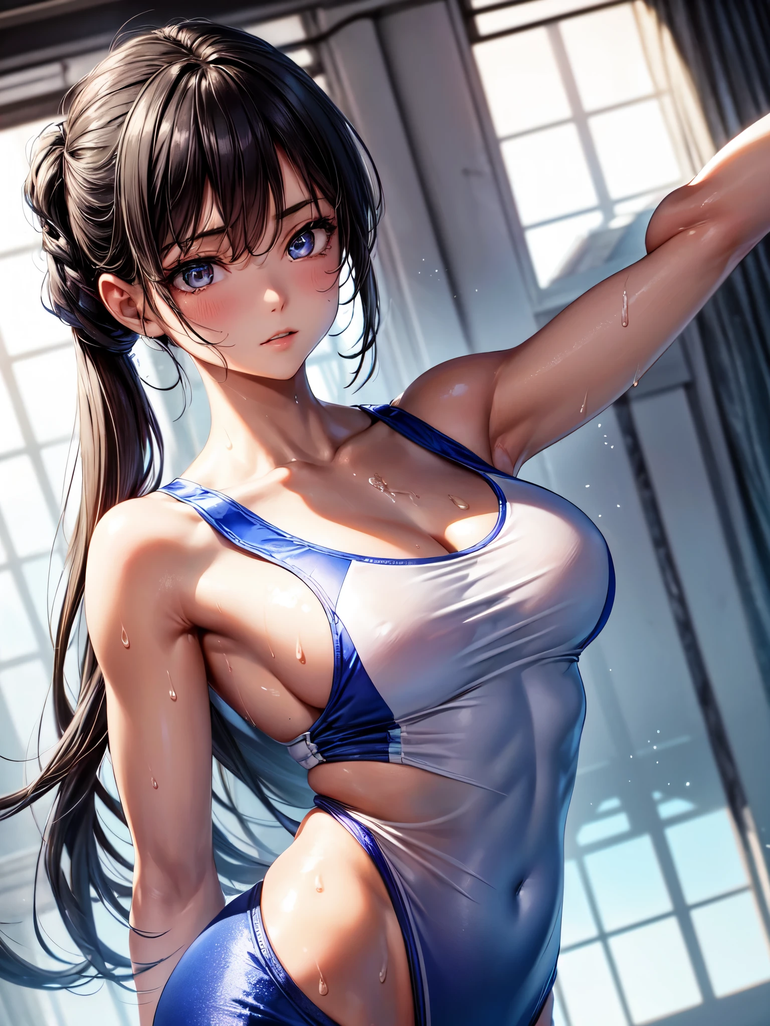 high quality,hd,16k,1girl,female gymnastics athlete,cute face, large breasts, slender body, delicate body, sweat,light clothing, in gymnastics venue,focus girl,detailed beautiful face,detailed clothes,beautiful eyes,cool