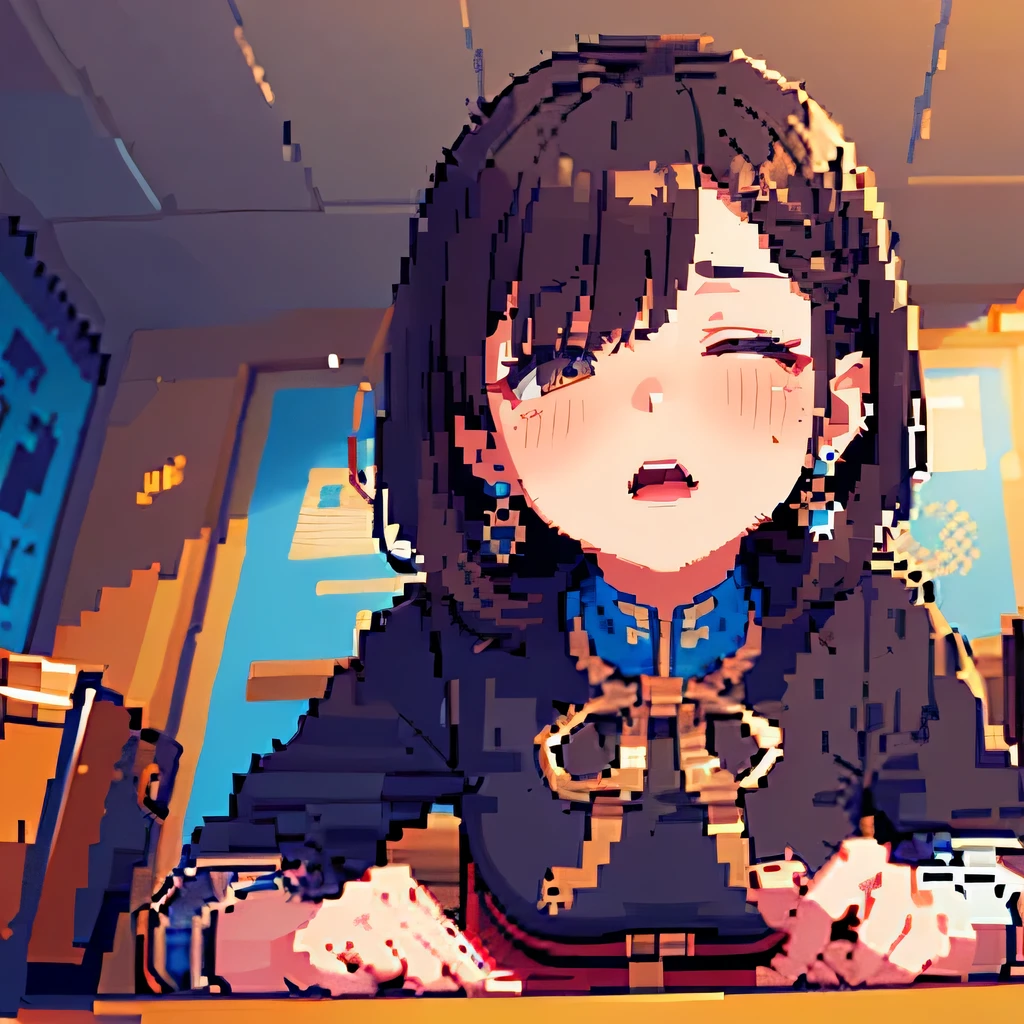  (((pixel art, chibi-stylized, stylized game character, fewer wrinkles, simplified contours))), (a woman  masturbating with the corner edge of the table, lean on the table), slut, ((orgasm, ecstasy face)), (blush), dark brown pupil, open mouth, ((drooping eyes, blush)), ((sleepy)), (angle from below), (outside, eccentric place), (eccentric pose), chest, tiny earrings, short bob, pinches chest,