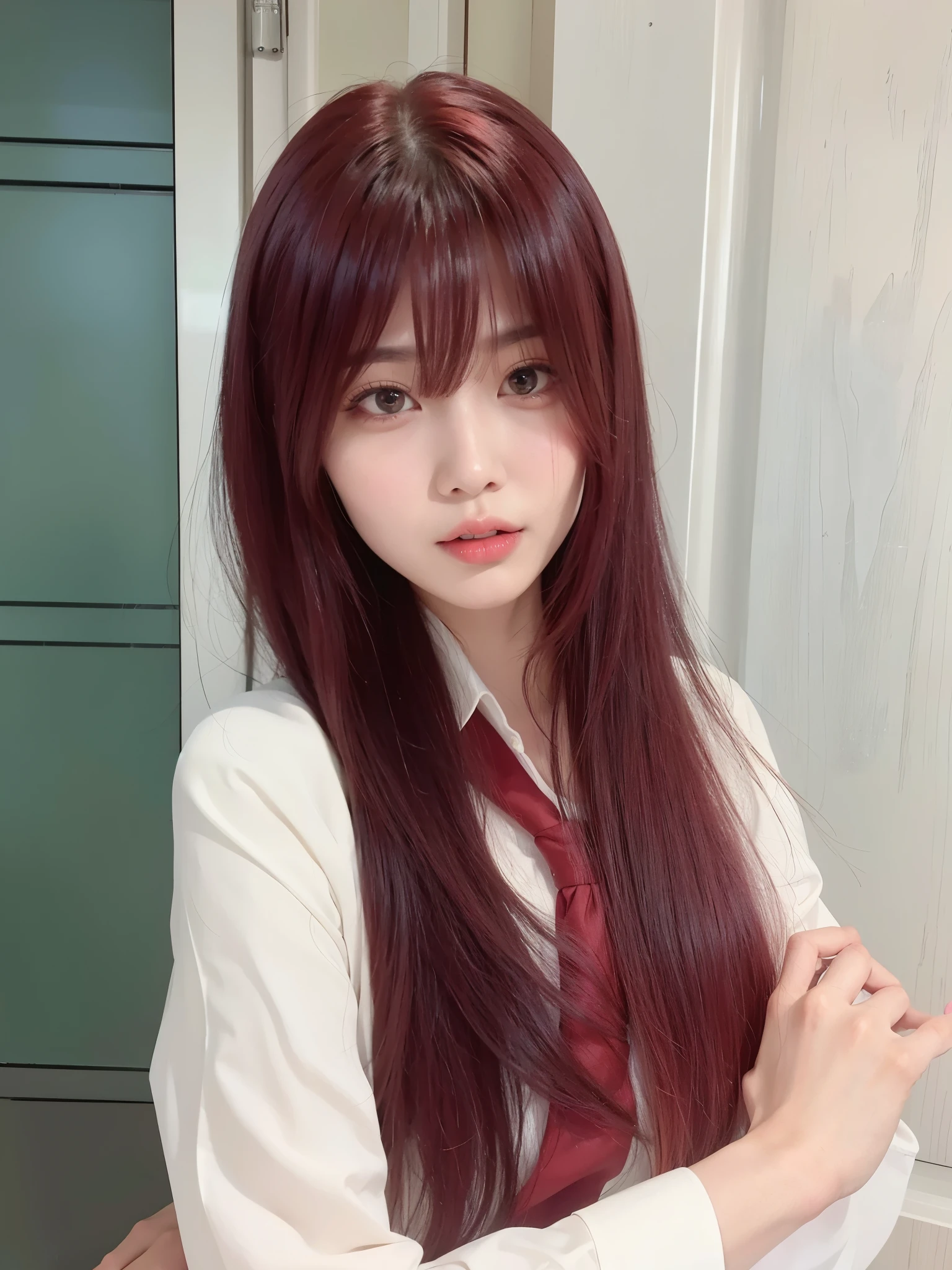 there  a woman 红long hair wearing a tie, Urzan, 动漫girl , 动漫girl in real life, 红long hair, red wig, long hair, 棕红色long hair, with red hair, long hair and piercing eyes, Red hair, raspberry red hair, sakimicchan, 齐刘海long hair，Long straight hair，girl，