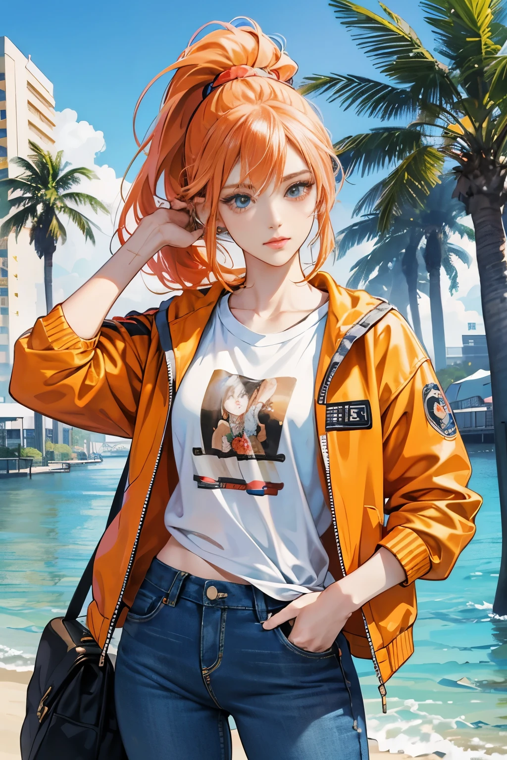 very colorful, pop feel, U.S. West Coast, summer image, Palm tree, seaside, anime woman with orange ponytail, Around 25 years old, wearing a jacket, blue jeans, perfect tall model body, cool beauty, That will happen, Anime drawing by Yang J, Trending at Art Station, realism, extremely detailed germ of art, Realistic anime 3D style, anime style 4 k, up to the model | germ of art, anime style. 8k, casual clothes, realistic anime art style, style germ of art, sharp outline, highest quality, perfect angle, perfect composition, best shot, official art，CD player