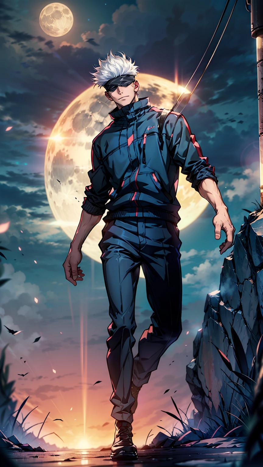 1boy, full body shot, perfect hand and fingers, satoru gojo, blindfold, black outfit, white hair, look at sky, smirk, red and blue moon city night background, wallpaper, cinematic,High resolution 8K, Bright light illumination, lens flare, sharpness, masterpiece, top-quality, The ultra -The high-definition, high resolution, extremely details CG, Anime style, Film Portrait Photography,masterpiece,hyperdetail