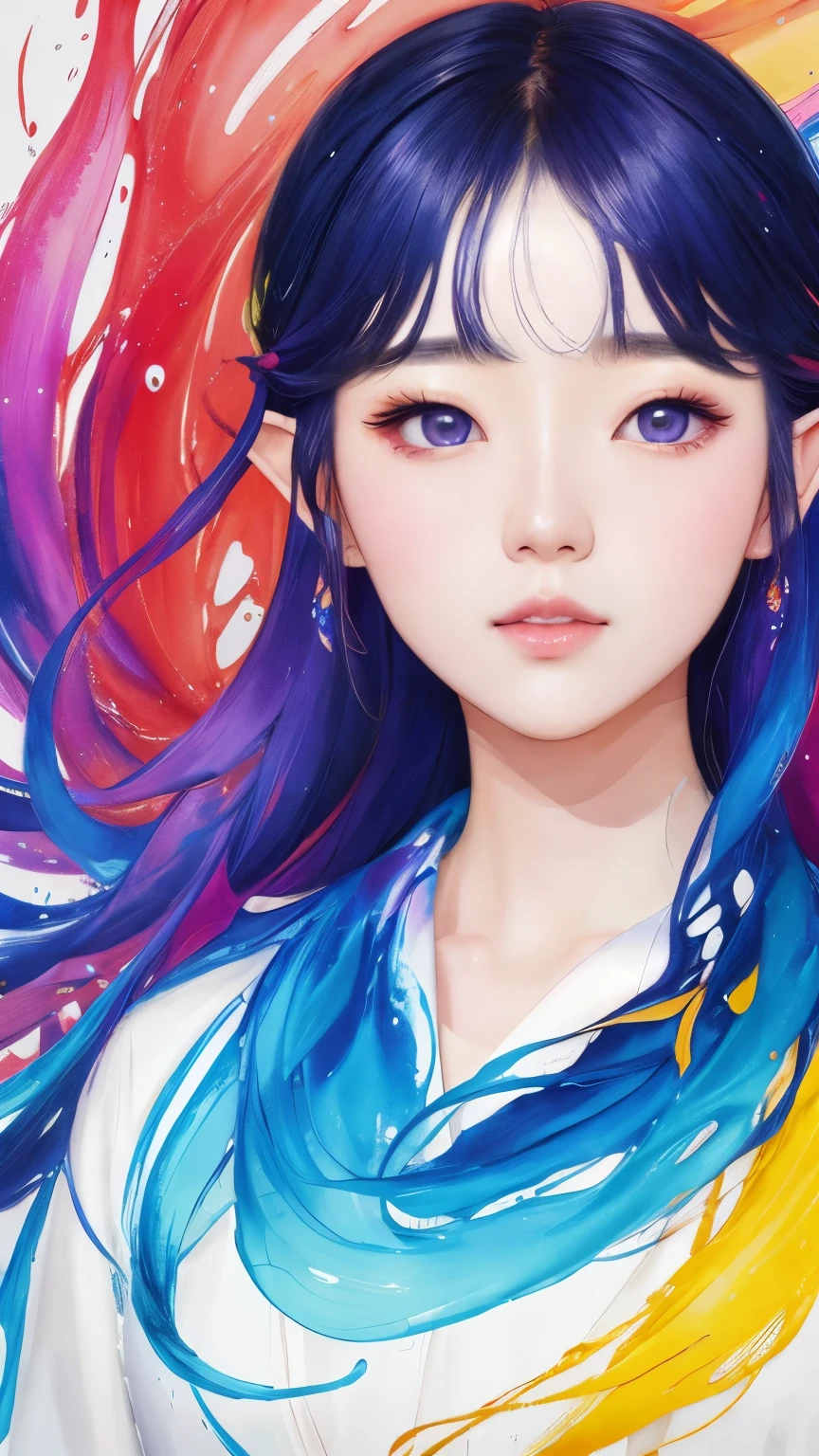 Colorful beautiful korean idol, IU: an elf, 28-years old, messy hair, oil painting style, nice perfect face with soft skinice perfect face, blue yellow colors, light purple and violet additions, light red additions, intricate detail, splash screen, colorful theme, 8k resolution, masterpiece, cute face,artstation digital painting smooth veryBlack ink flow: 8k resolution photorealistic masterpiece: intricately detailed fluid gouache painting: by Jean Baptiste Mongue, agnes cecile: calligraphy: acrylic: watercolor art, professional photography, natural lighting, volumetric lighting maximalist photoillustration: by marton bobzert:, complex, elegant, expansive, fantastical,  wavy hair, vibrant