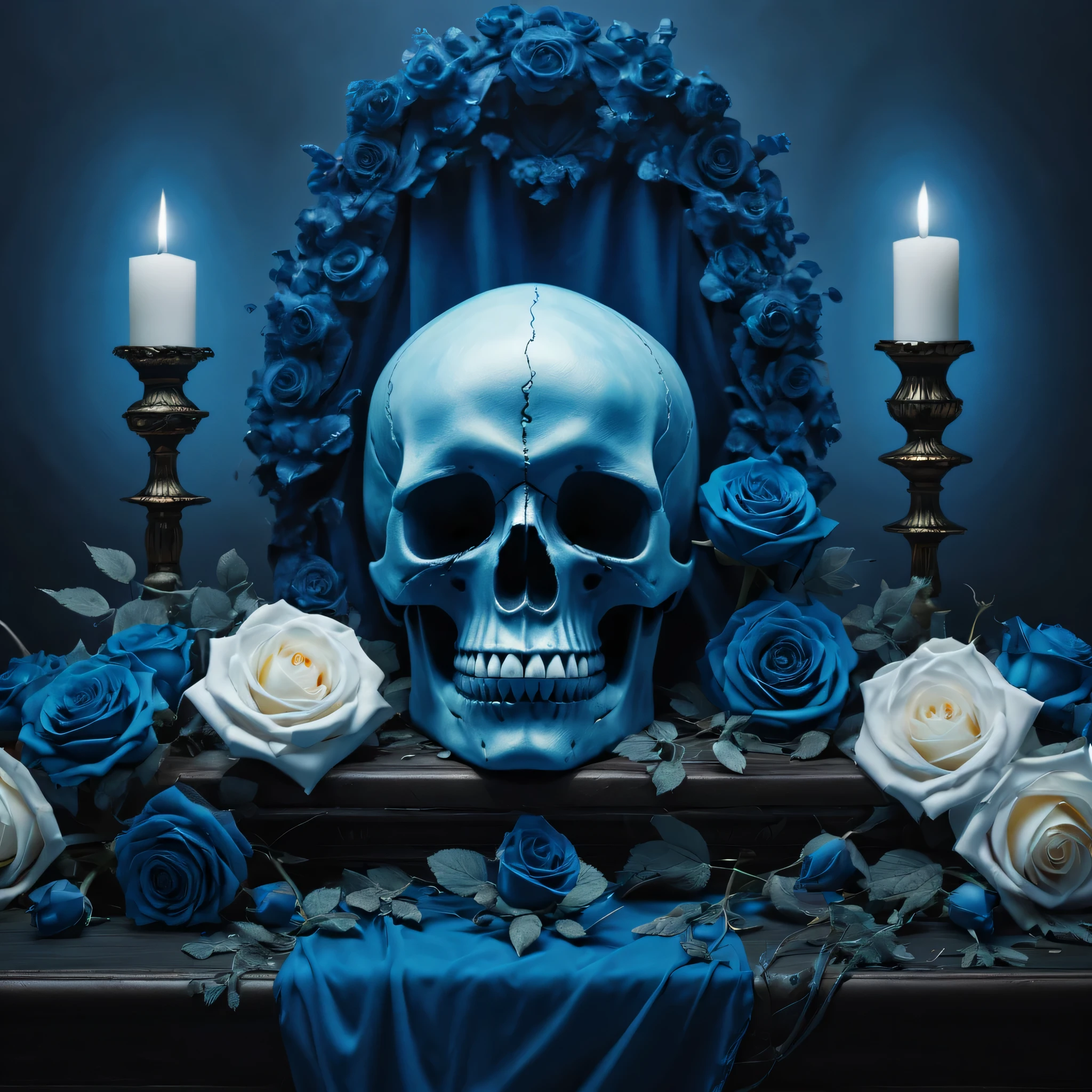 (best quality,8K,high resolution,muste piece:1.2,details:1.5),Super detailed:1.5,Eerily realistic blue skull,White Rose,elaborate corpse,scary theme,hell:2,altar:2,blue fog:1.2,horror setup