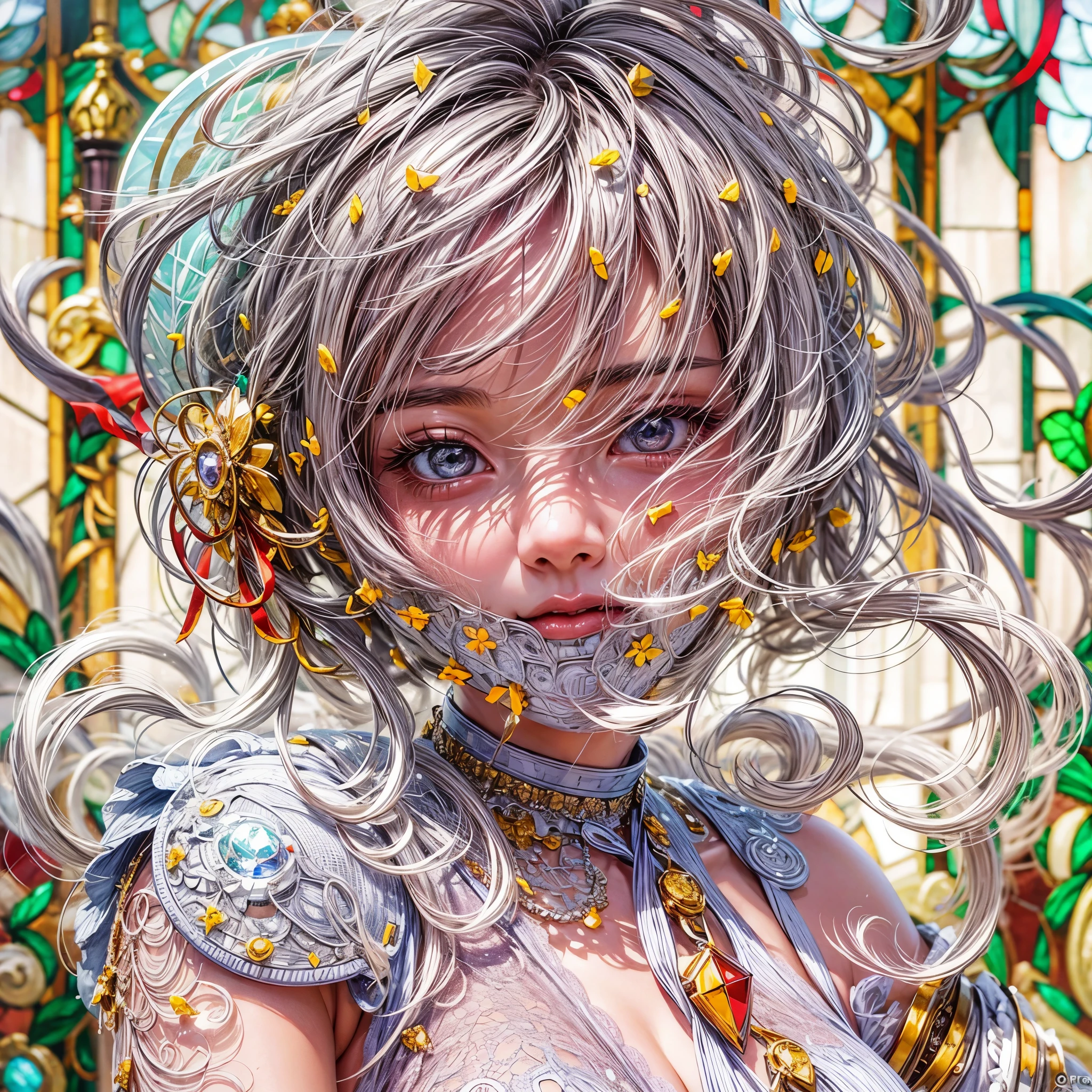 Sexy girl in ((WHITE)) and Delicate lace underwear, with Glossy RED lips, (Exposed:1.2), (nipple:-0.9), { closeup of Cute lips | Dynamic-angle }, ((Dazzling stained glass Background)), (( colorful Light shines through stunning elaborate stained glass:1.2)), vivid Red colors . ((Acutance:0.8, physically-based rendering)), (masterpiece:1.2), (ultra-detailed:1.35), (realistic, photorealistic, ((photo-realistic:1.37))with touch of rawness) . ((Renbutsu Misako)), (Extremely detailed KAWAII face variations, with Dynamic expressions), detailed eyes with sparkling highlights, captivating gaze, long eyelashes, subtle blush on the face, rosy cheeks, impeccable oiled ivory skin texture . { full of flowers covering girl's body | Mystic sight | haze | Light Particle | Lens Particle | Lens Flare | Dazzling angle's Halo | (Red leather) high collar | Overflowing sideboob } . ((( not Detailed fingers:-0.9))) .