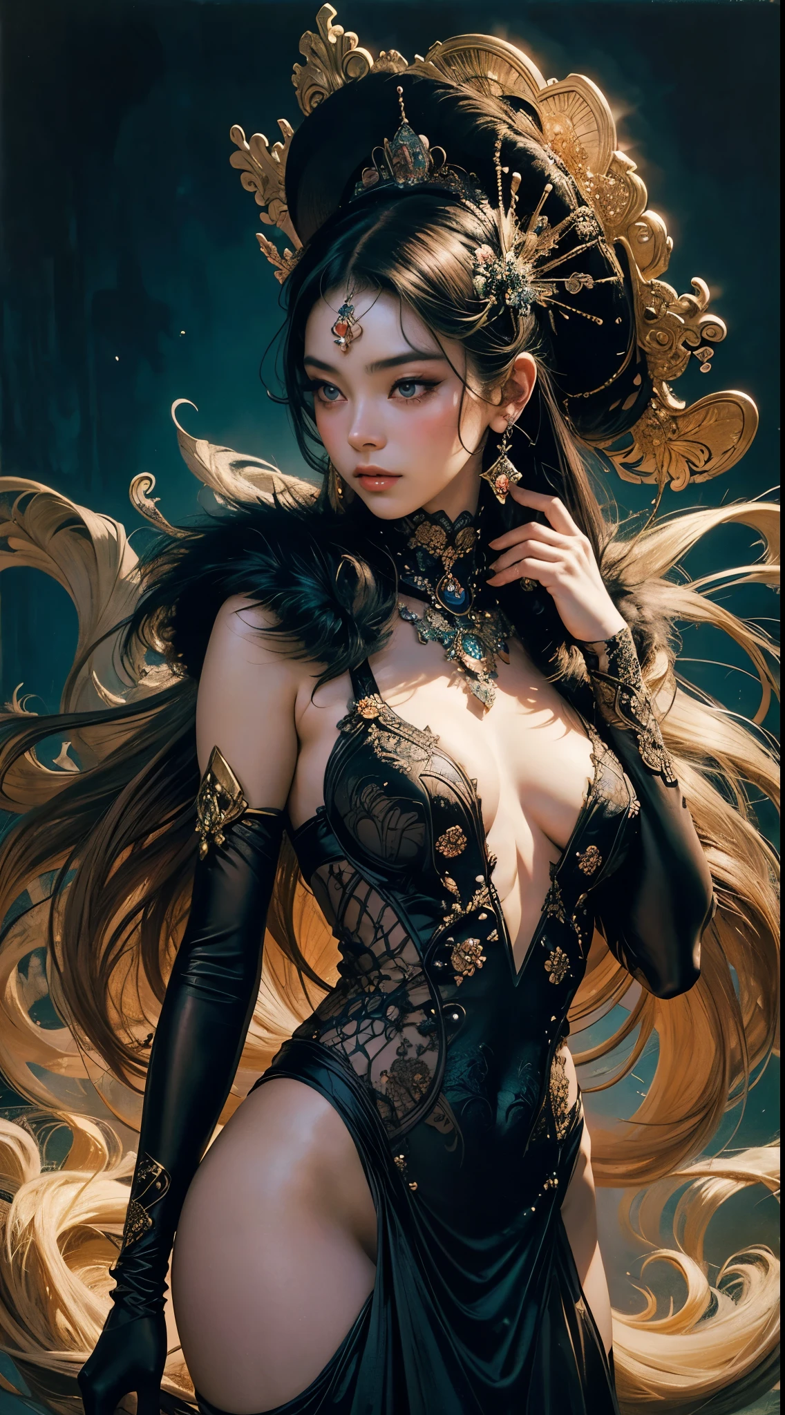 A cinematic scene,a Nsfw gorgeous Naked princess in winter cosplay,hiding hands,no hands,pussy,nude,erotic posing,sexual posing,Like the work of Klimt,Like Amcha's work,Inspired by Klimt and Mucha,Vivid colorful tones,colourful hair,Stylish,Anime Girl,fantrome,NSFW,busty,Gorgeous,Glamour, Inspired by Robert McGinnis, inspired by Grete Stern, style of takato yamamoto, Guido Crepax, Guido Crepax Style, tenderness, Vania Zhurvyov, Inspired by Leonor Fini, Long-tail cultivation, inspired by Takato Yamamoto.masutepiece,ultimate quallity,Detailed background, tag: Beautiful detailed eyes, Beautiful detailed lips, extremely detailed eye and face, long eyelashes, (Best Quality:1.2), Ultra-detailed, (Realistic:1.37),ultra photorealistic,, Color contrast, High resolution, Psychedelic Dresses, Inspired by Robert McGinnis, Grete Stern style, Takato Yamamoto Style, Guido Crepax Style, Inspired by Amano, Inspired by Vania Juravievov, Inspired by Leonor Fini, Inspired by Hideboshi Nagao, Inspired by Takashi Yamamoto, Vivid colors, Dramatic Lighting, Impressive composition, Intriguing atmosphere, Feminine elegance.
