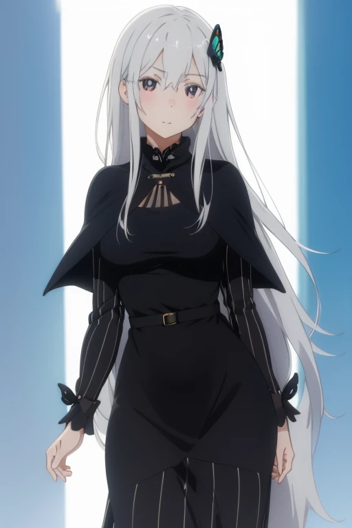cowboy shot,笑face,blush,crossed legs,
and3/§¤y ̈,1 girl,alone,long hair,gray hair,very long hair,hair between eyes,colored eyelashes,bright瞳孔,purple eyes,
¥
,bufly hair ornament,black collar,black capelet,black dress,long sleeve,long dress,vertical striped dress,medium breastuisite visuals, High resolution,masterpiece,Highest quality,, 18-year-old,young woman,beautiful指,beautiful長い脚,beautiful体,beautiful鼻,beautifulキャラクターデザイン, perfect eyes, perfect face,expressive eyes,
official art,Highly detailed CG Unity 8k wallpaper, perfect lighting,colorful, bright_front_face_lit,shiny skin,
(masterpiece:1.0),(Highest_quality:1.0), 超High resolution,4k,super detailed,
photo shoot, 8k, HDR, High resolution, disorganized:1.2, kodak portrait 400, film grain, blurred background, Bokeh:1.2, Lens flare, (lively_color:1.2), (beautiful_face:1.5),(narrow_waist), ,NSFW,