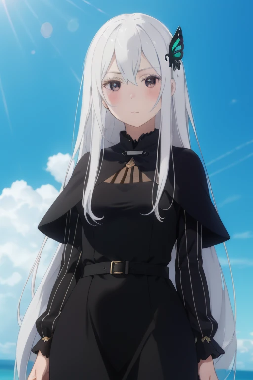 cowboy shot,笑face,blush,crossed legs,
and3/4y§¤y ̈,1 girl,alone,long hair,gray hair,very long hair,hair between eyes,colored eyelashes,bright瞳孔,purple eyes,
¥,butterfly hair ornament,black collar,black capelet,black dress,long sleeve,long dress,vertical striped dress,medium breasts,, exquisite visuals, High resolution,masterpiece,Highest quality,, 18-year-old,young woman,beautiful指,beautiful長い脚,beautiful体,beautiful鼻,beautifulキャラクターデザイン, perfect eyes, perfect face,expressive eyes,
official art,Highly detailed CG Unity 8k wallpaper, perfect lighting,colorful, bright_front_face_lit,shiny skin, 
(masterpiece:1.0),(Highest_quality:1.0), 超High resolution,4k,super detailed,
photo shoot, 8k, HDR, High resolution, disorganized:1.2, kodak portrait 400, film grain, blurred background, Bokeh:1.2, Lens flare, (lively_color:1.2), (beautiful_face:1.5),(narrow_waist), ,NSFW,