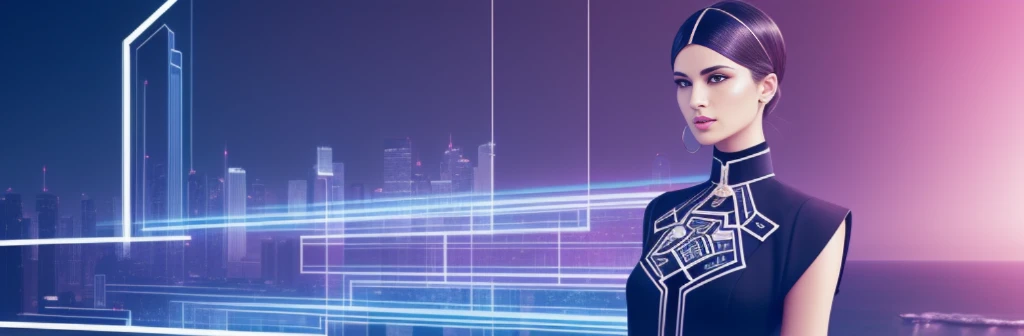 Create a visually compelling banner for ChicMind AI Lookbook that captures the essence of fashion sophistication and AI innovation. Consider a layout that showcases a seamless blend of chic fashion elements and technological motifs. Incorporate an elegant, stylized representation of a fashion-forward individual, perhaps in silhouette or an abstract form, adorned with chic attire or accessories. Integrate subtle yet discernible AI-inspired visuals like circuitry patterns, futuristic lines, or neural network imagery into the backdrop or elements of the banner. Utilize a harmonious color scheme that marries trendy fashion tones with modern, tech-savvy hues, fostering an atmosphere of contemporary elegance and innovation. The banner should convey a sense of fashion expertise powered by cutting-edge AI technology, inviting viewers into a realm of style and sophistication.