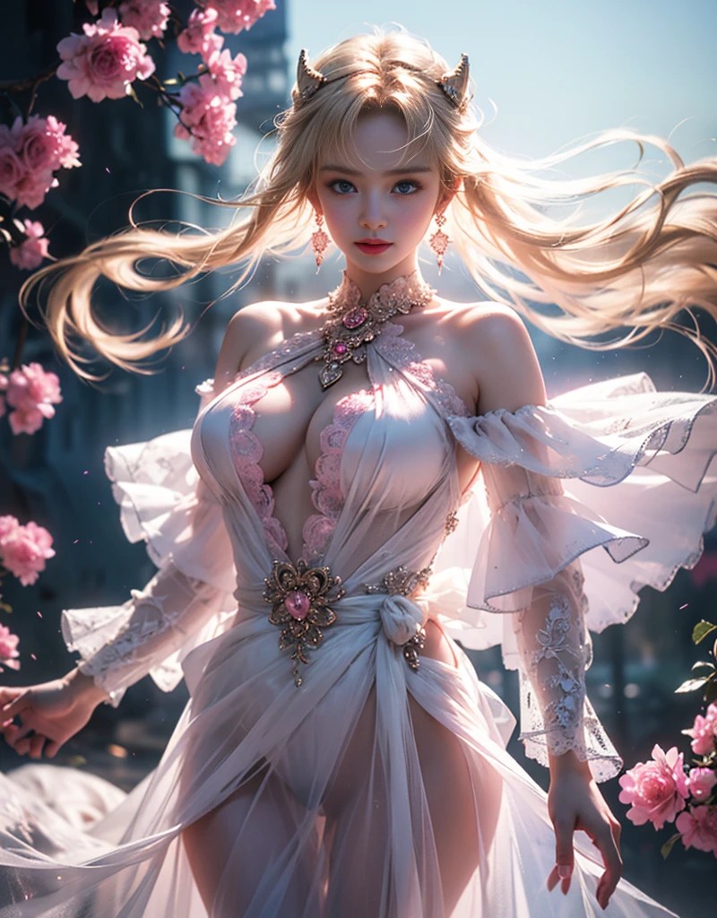 masterpiece,Highest image quality,Super detailest quality ,extremely delicate and beautiful, Very detailed,best quality, official art, Extremely detailed CG unified 8k wallpaper, portrait photo, The most beautiful look,Blonde hair, blue eyes,Radiant skin and radiant eyes, beautiful skin,(detailed lighting:1.2), (Beautiful and detailed light:1.3), deep understanding, beautiful nude color, complex, digital painting, Smooth, sharp focus, end of the world, epic reality,looking at camera, (high dynamic range:1.4),face camera, (pastel colors:1.4), beautiful big breasts,end of the world的, give up, neutral color, night, screen space refraction, (intricate details, Super detailed:1.3), art station, movie shot, vignette, complex background, buliding,charming smile,Blushed,Shy,detailed background,(Various colors of dream catcher earrings missing color,Color black,White,pink,Purple,red,blue,orange color,green,blue,,),And flirtatiouposed,camel toe,comb neatly,),The best look,Crystal Pink Diamond Venetian Sunset Rose Transparent Open Dress,Ultra thin,translucent,lace,hollowed out,(Off-the-shoulder, large open-breasted crystal pink diamond transparent hollow open style falling slim dream dark elf infatuated hip skirt:1.6), pink背景,