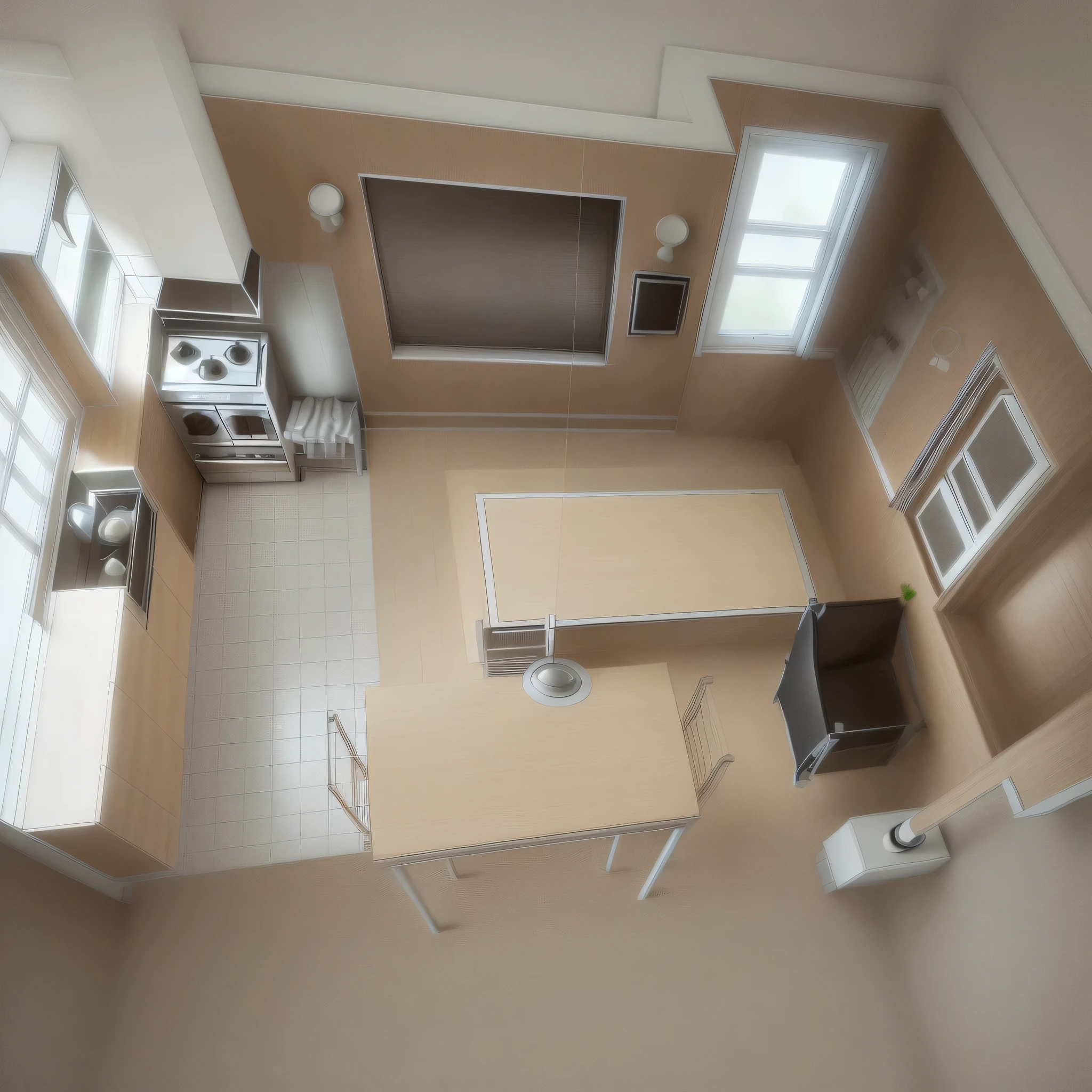 a drawing of a kitchen with a sink, stove, and a refrigerator, 2 point perspective, deep oint perspective, 3 d point perspective, single point perspective, 2 - point perspective, 5 point perspective, oint perspective, 1-point perspective, stylized linework, one point perspective, extreme three point perspective, two-point perspective, two point perspective wooden wall . black floor. classic chair. breakfast desk . window . nature outsid window . warm lighting . classic lighting . real photo realistic photo . big interior . interior design . dark them dark photo