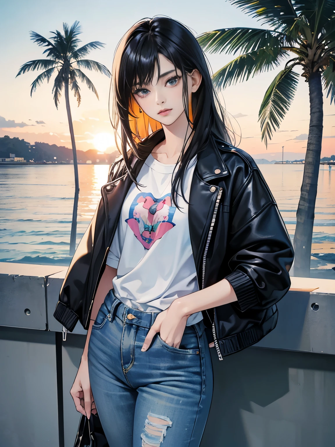 very colorful, pop feel, U.S. West Coast, summer image, Palm tree, seaside, Anime woman with short black hair, Around 25 years old, wearing a jacket, blue jeans, perfect tall model body, cool beauty, That will happen, Anime drawing by Yang J, Trending at Art Station, realism, extremely detailed germ of art, Realistic anime 3D style, anime style 4 k, up to the model | germ of art, anime style. 8k, casual clothes, realistic anime art style, style germ of art, sharp outline, highest quality, perfect angle, perfect composition, best shot, official art,CD jacket, 80s city pop, very stylish