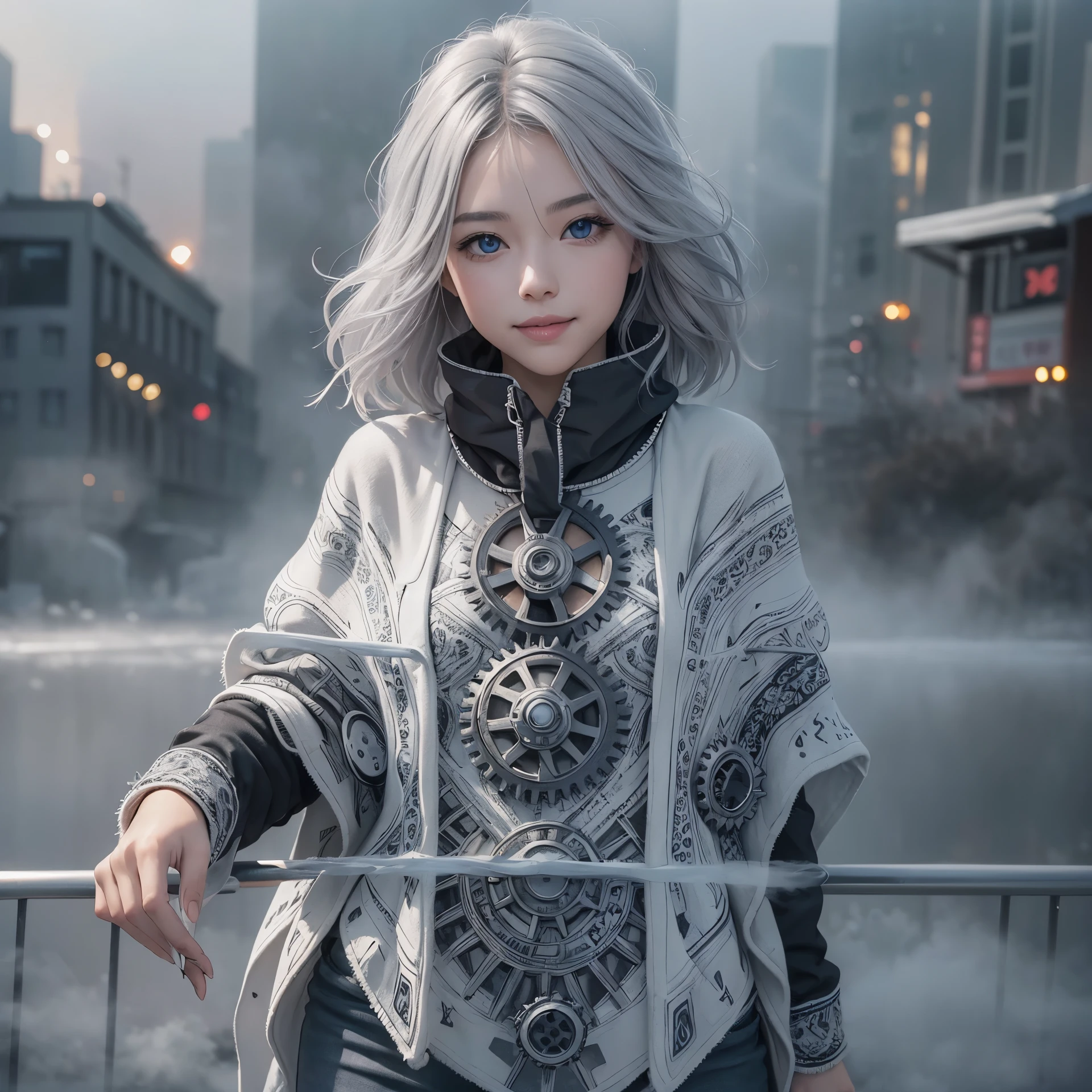 (Realistic:1.8), (Digital art:0.2), (Gear art:1.7),(agpi official art, beautiful and aesthetic, ultra detailed, beautiful, masterpiece, best quality:1.6), (1girl:1.2), Detailed face, Detailed eyes, Detailed hair, young fingers, Detailed fingers, five fingers BREAK cute ig model, Japanese cute model, 22 years old, Tightened all body, small head, small face, small mouth, diamond Face, small nose, Sharp Faceline, (dropy eyes, Double eyelid, Blue eyes, Glossy eyes, Shiny eyes:1.2), Shiny skin, shiny hair, (gray hair:1.2),
_
BREAK (happy, smile, Teeth, Glossy Lip:1.2),beautiful Teeth, (upper body:1.5), sitting, from front,
_
BACKGROUND
(gray urban cityscape with soft lights:1.3), (mist,fog, blurrybackground:1.6), BREAK
POSE
(standing gracefully with arms slightly extended:1.2)BREAK
CAMERA ANGLE
(angled slightly from above, capturing the flowing lines of the poncho:1.2)BREAK
OUTFIT
(fusion of black and white poncho with intricate geometric patterns:1.2), (black skinny jeans:1.1), (ankle boots with subtle pattern details:1.1), (minimalistic silver accessories:1.1)BREAK