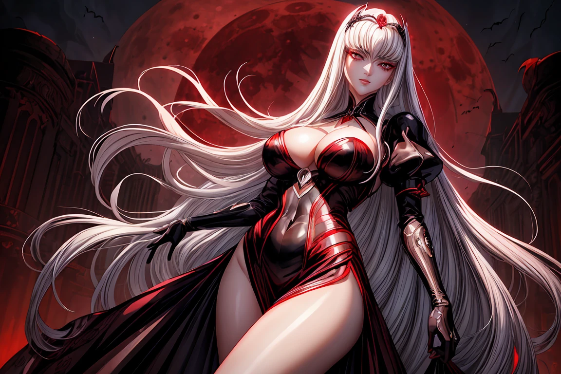 sexy-style, romance manhwa, (masterpiece, best quality), (finely detailed beautiful eyes), (finely detailed eyes and detailed face), (scenery: 1.2), (extremely detailed CG, ultra-detailed, best shadow), beautiful concept illustration, (illustration), (extremely fine and beautiful), (perfect details), (depth of field), (looking at viewer), (cowboy shot:1.2), dynamic angle, dynamic cut,
BREAK 1girl, solo, mature female, shiny glossy skin, very long hair, white hair, red pupils, black eyes, (code geass), glowing eyes, crazy smile, bangs, dress, tiara, white gloves, puffy sleeves, cleavage, (vampire), (huge moon), blood moon, (in front of blood moon), blood moon in background, red theme,